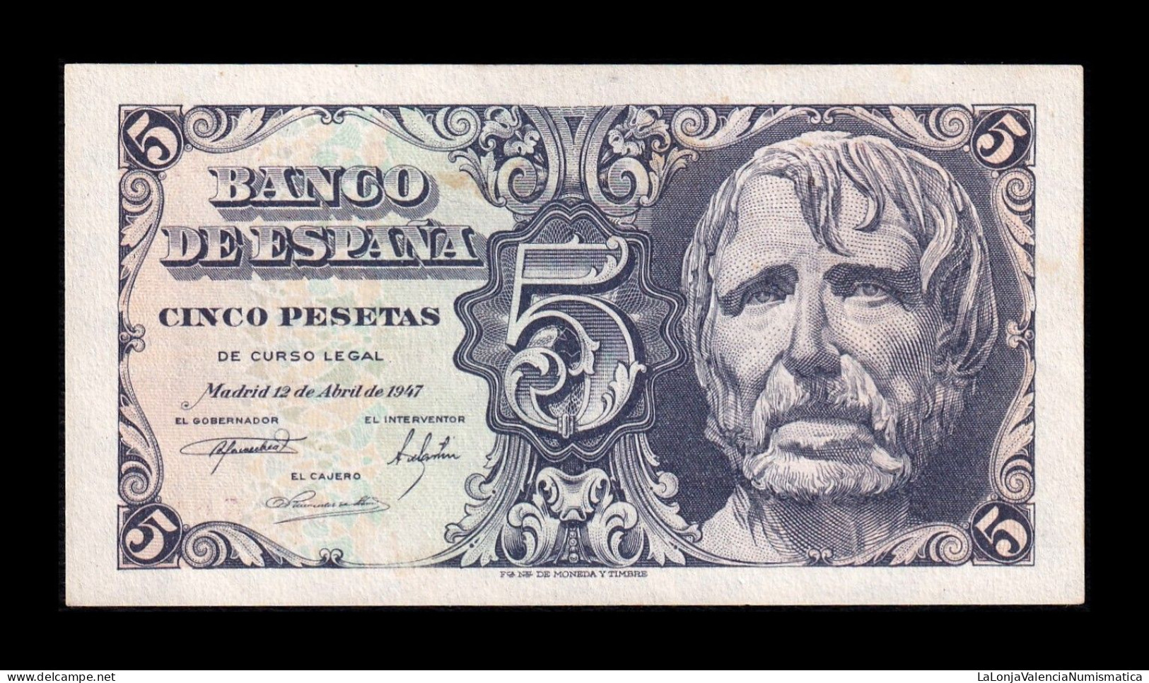 España Spain 5 Pesetas Seneca 1947 Pick 134 Serie D Sc- AUnc - 5 Pesetas