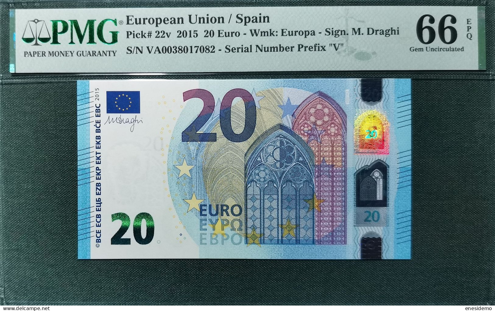 20 EURO SPAIN 2015 DRAGHI V001H2 VA SC FDS LOW SERIAL NUMBER PMG 66 EPQ - 20 Euro