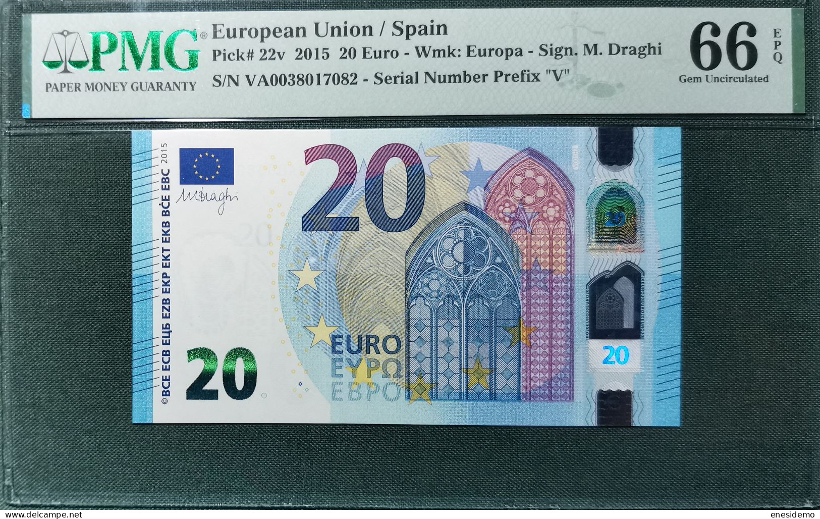 20 EURO SPAIN 2015 DRAGHI V001H2 VA SC FDS LOW SERIAL NUMBER PMG 66 EPQ - 20 Euro