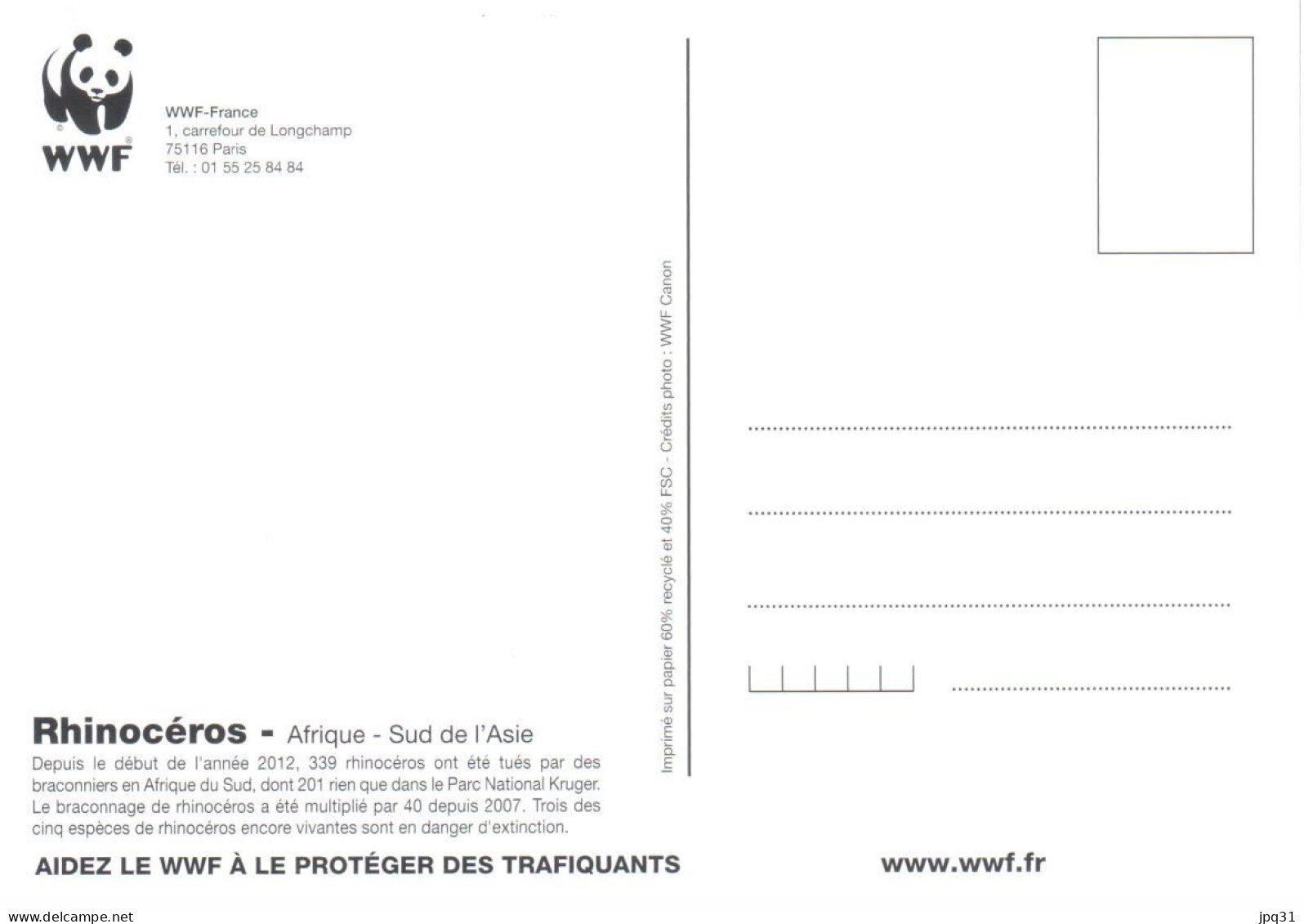 CP WWF Rhinocéros - Aidez Le WWF à Le Protéger Des Trafiquants - Rinoceronte