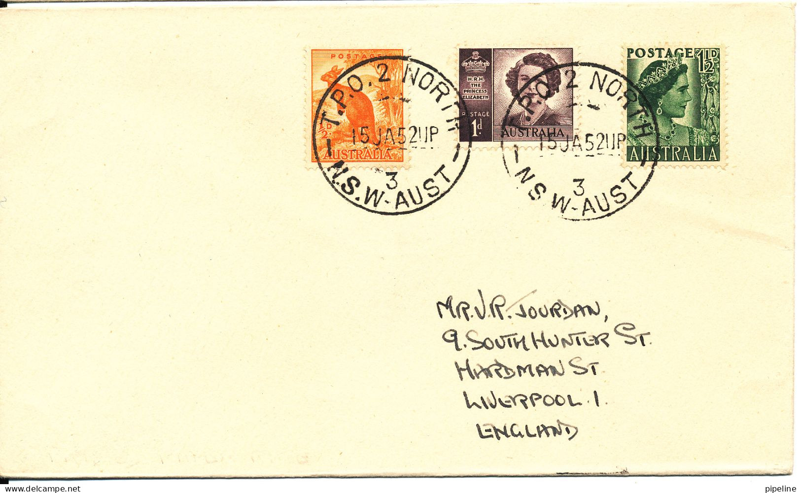 Australia Cover Sent To England T.P.O. 2 North N.S.W. Aust 15-1-1952 - Lettres & Documents
