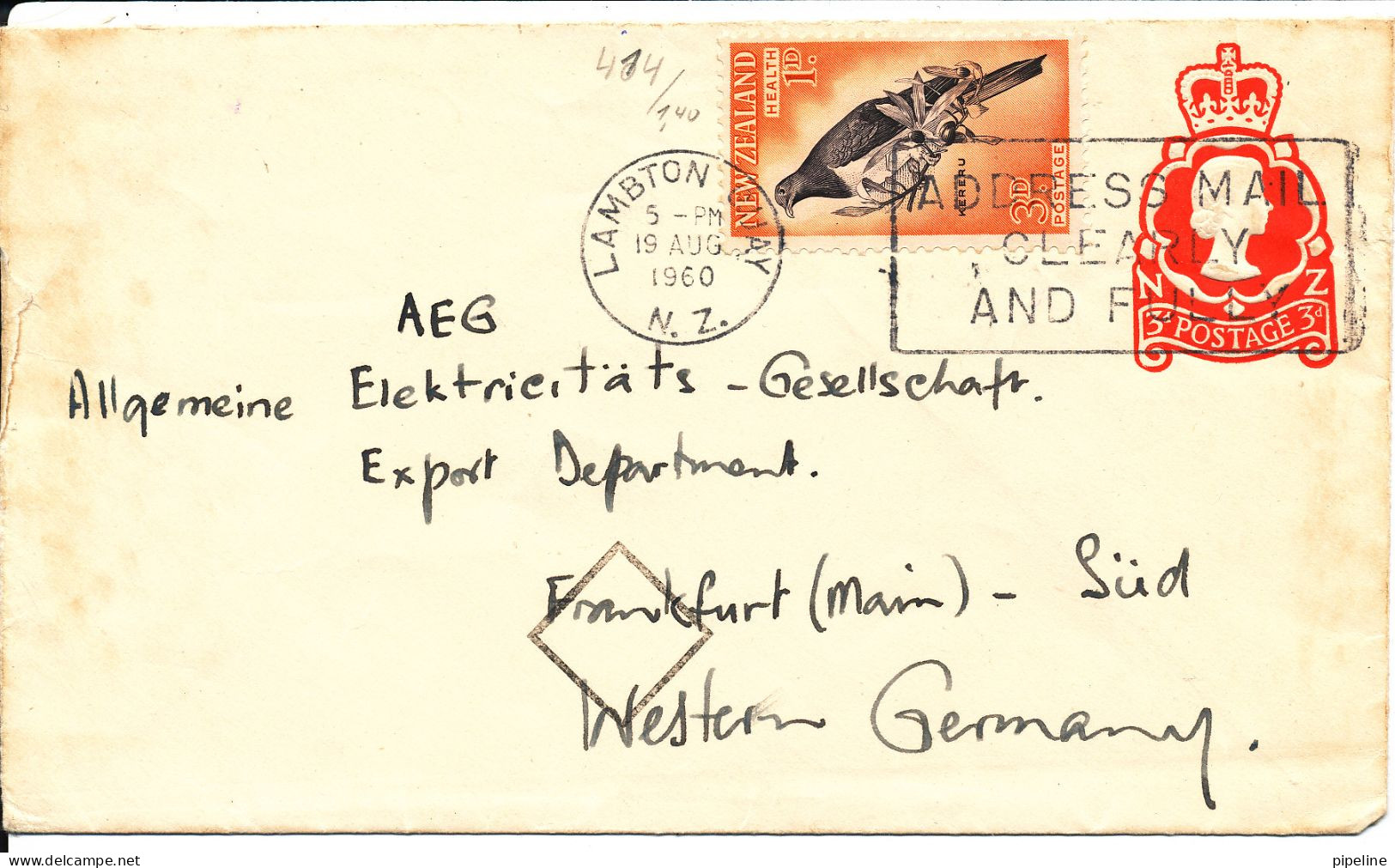 New Zealand Postal Stationery Uprated With BIRD Stamp And Sent To Germany Lambton 19-8-1960 - Interi Postali