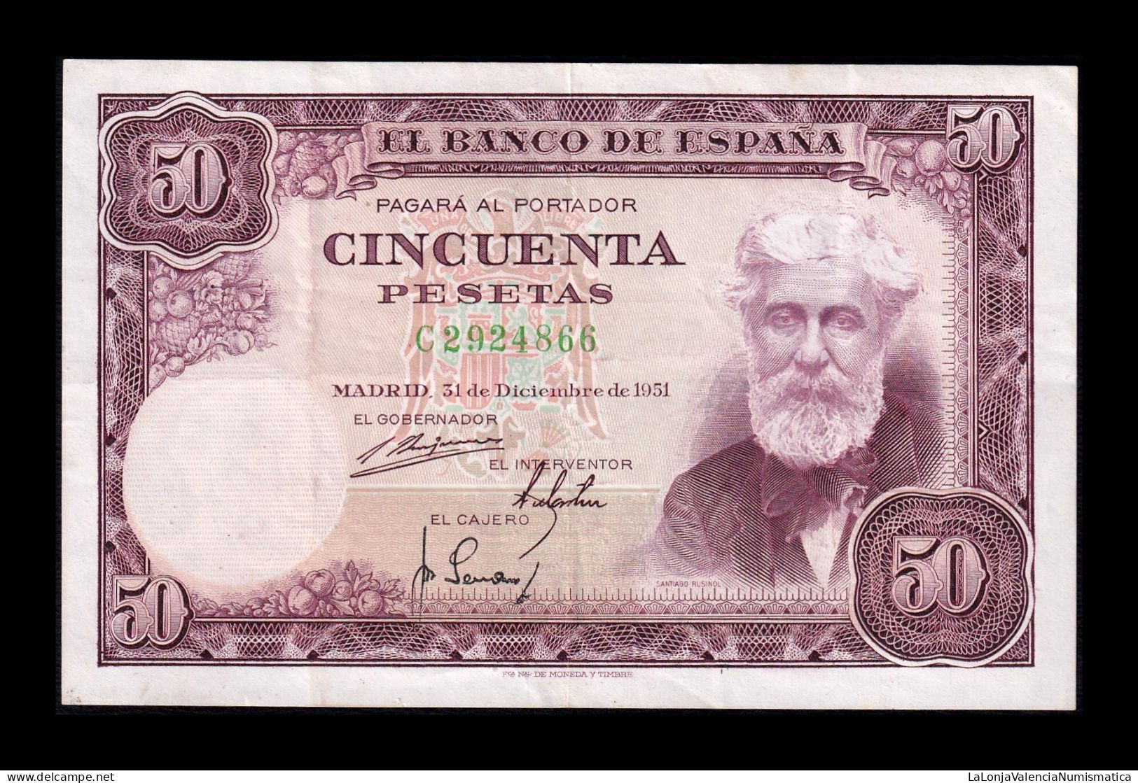 España Spain 50 Pesetas Santiago Rusiñol 1951 Pick 141 Serie C Mbc/+ Vf/+ - 50 Peseten