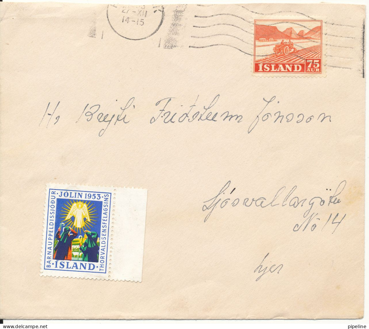 Iceland Cover 27-12-1953 Single Franked And With Christmas Seal - Brieven En Documenten