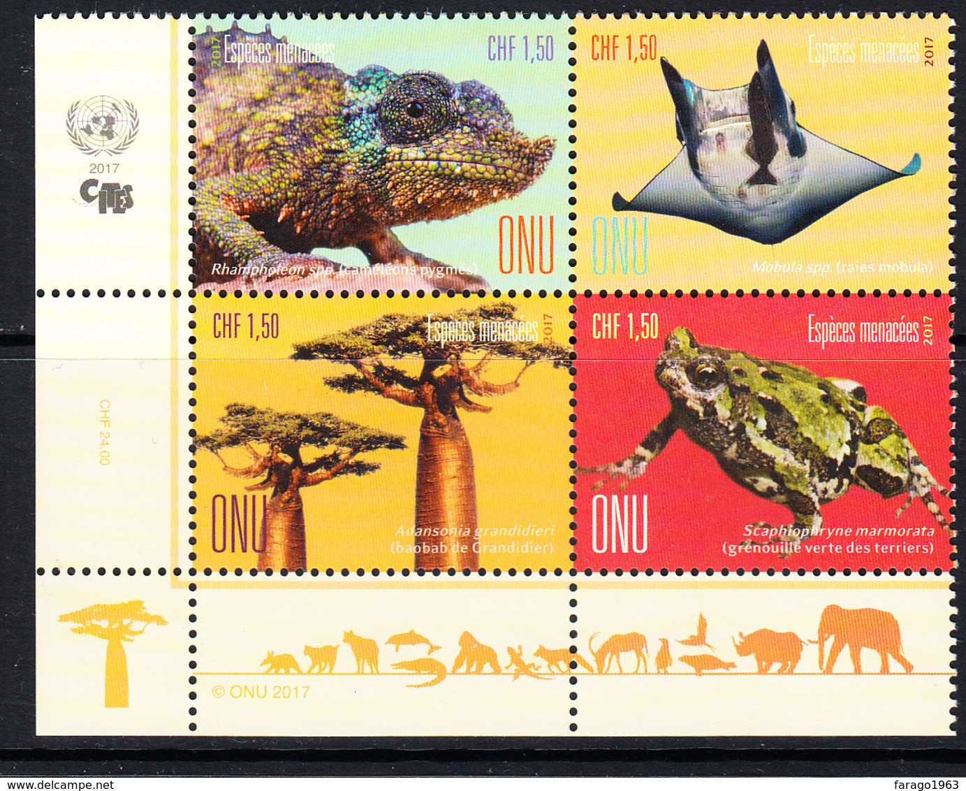 2017 United Nations ONU CITES Endangered Species Frogs Trees Chameleons Complete Block Of 4 MNH @ BELOW FACE VALUE - Unused Stamps