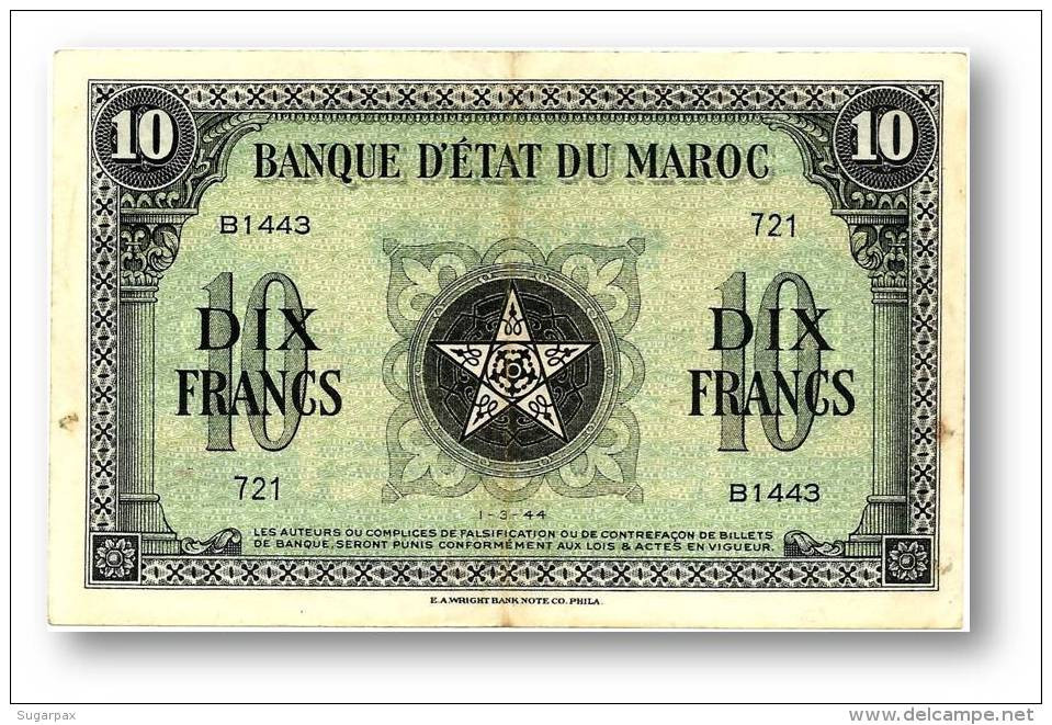 MOROCCO - 10 Francs - 1.3.1944 - P 25 - WWII First Issue - Kingdom - Maroc - 2 Scans - Morocco