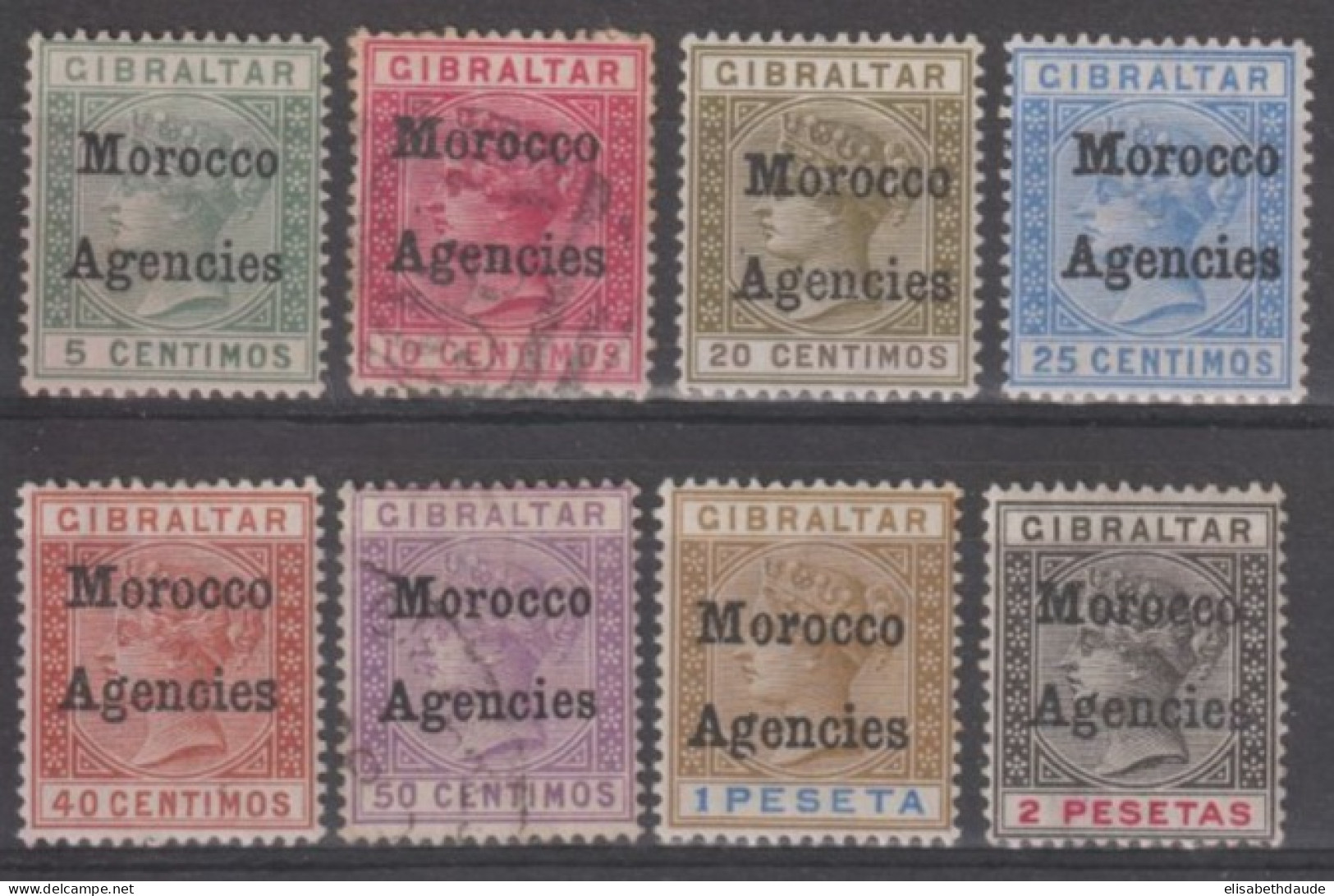 MAROC BUREAU ANGLAIS - 1898 - YVERT N°1/8 * MH + OBLITERES/USED - MIXTE SURCHARGE LONDRES ET LOCALE - Postämter In Marokko/Tanger (...-1958)