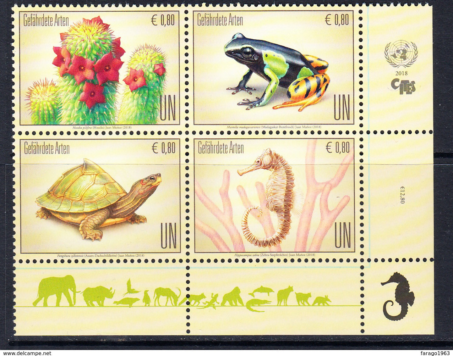 2018 United Nations Vienna CITES Endangered Reptiles Frogs Turtles  Complete Block Of 4  MNH @ BELOW FACE VALUE - Ongebruikt