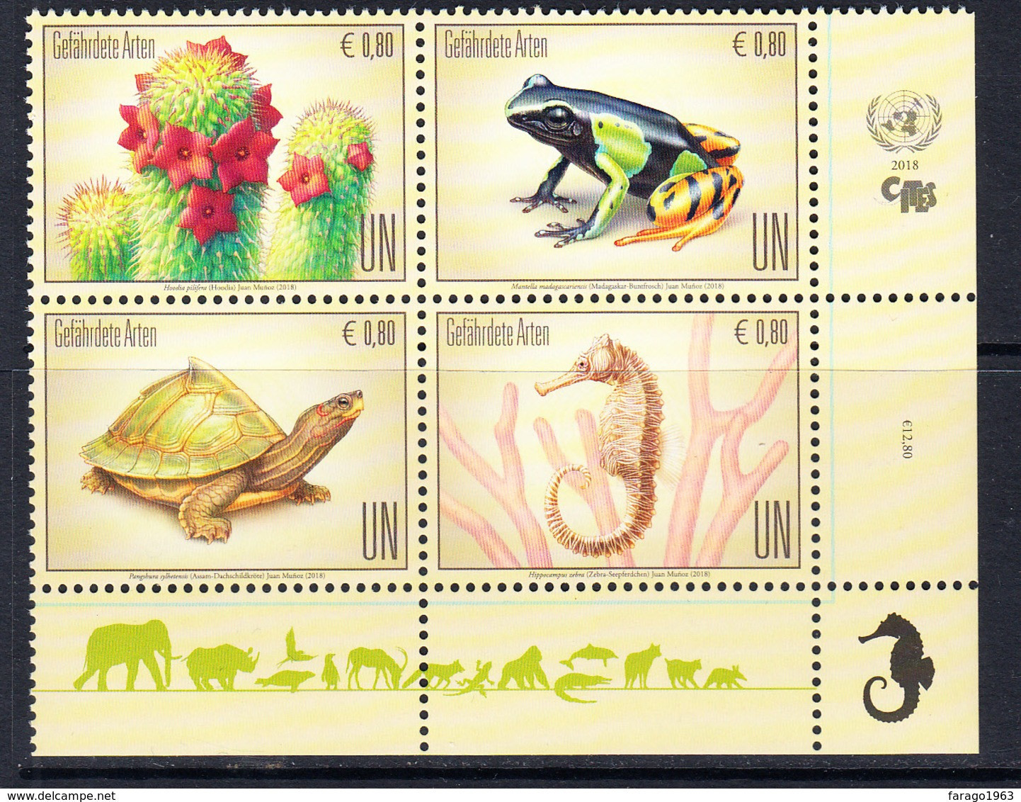 2018 United Nations Vienna CITES Endangered Reptiles Frogs Turtles  Complete Block Of 4  MNH @ BELOW FACE VALUE - Ungebraucht