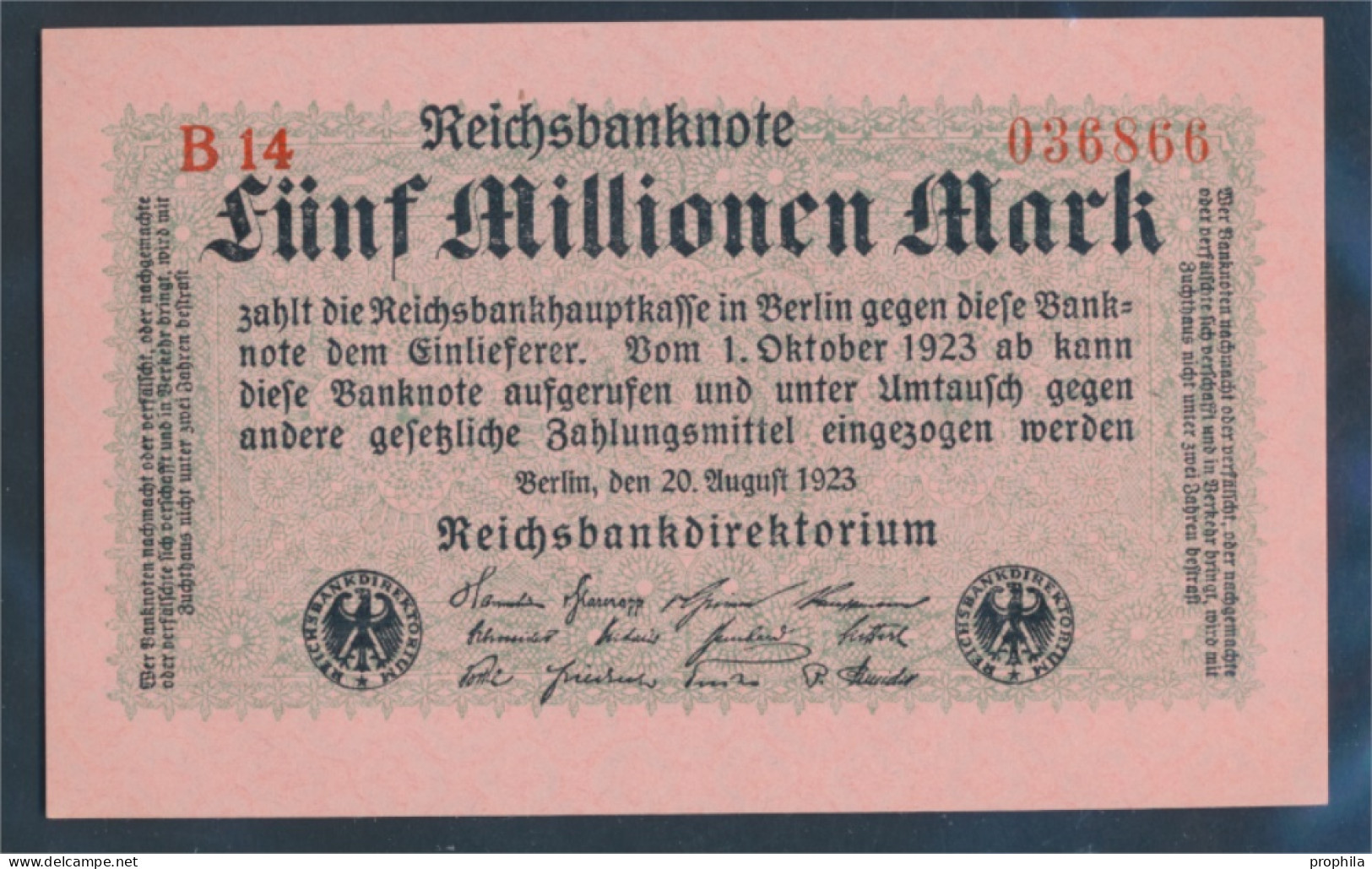 Deutsches Reich RosbgNr: 104b, Privatfirmendruck Rotes Firmenzeichen Bankfrisch 1923 5 Millionen Mark (10298882 - 5 Miljoen Mark