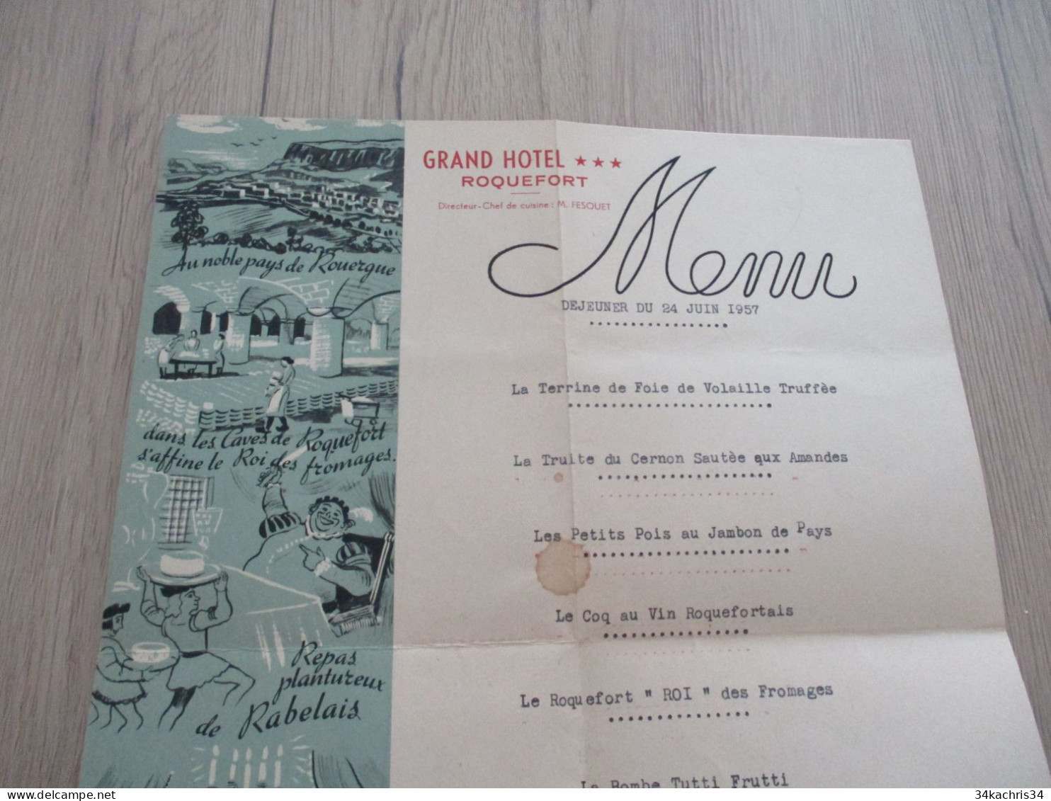 M45 Menu Illustré Grand Hôtel De Roquefort 1957 Fesquet Plis D'archivage En L'état - Menus