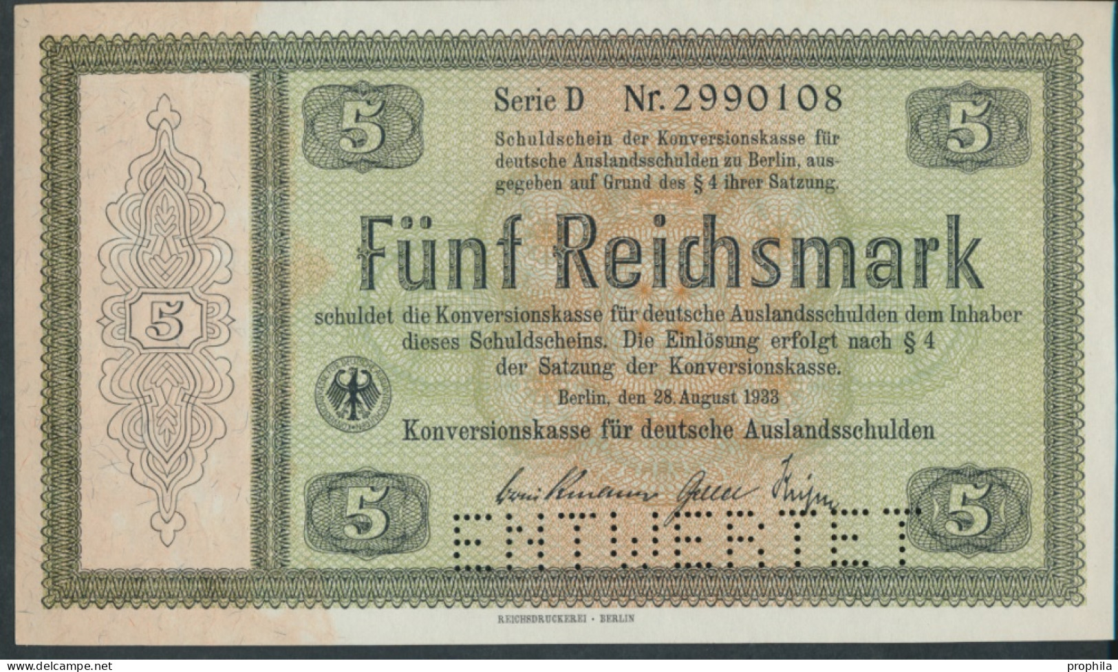 Deutsches Reich Rosenbg: 700E1 Mit Perforation ENTWERTET,Konversionskassenschein Bankfrisch 1933 5 Reichsmark (10298914 - 5 Reichsmark