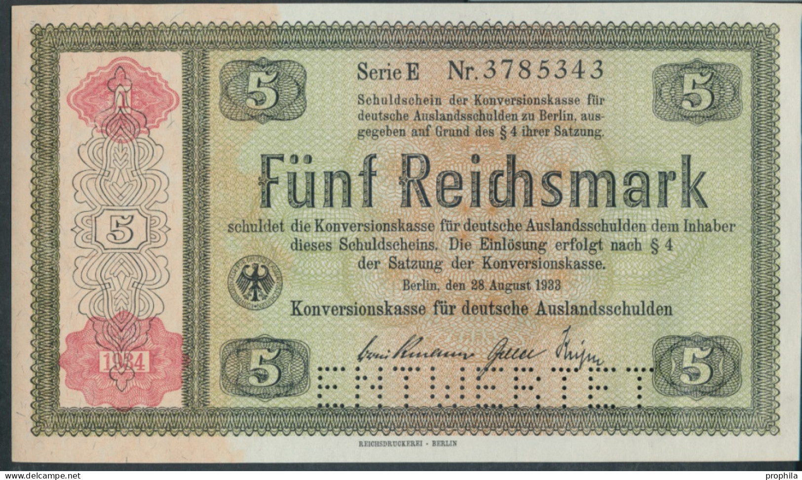 Deutsches Reich Rosenbg: 708E1 Mit Perforation ENTWERTET,Konversionskassenschein Bankfrisch 1934 5 Reichsmark (10298915 - 5 Reichsmark