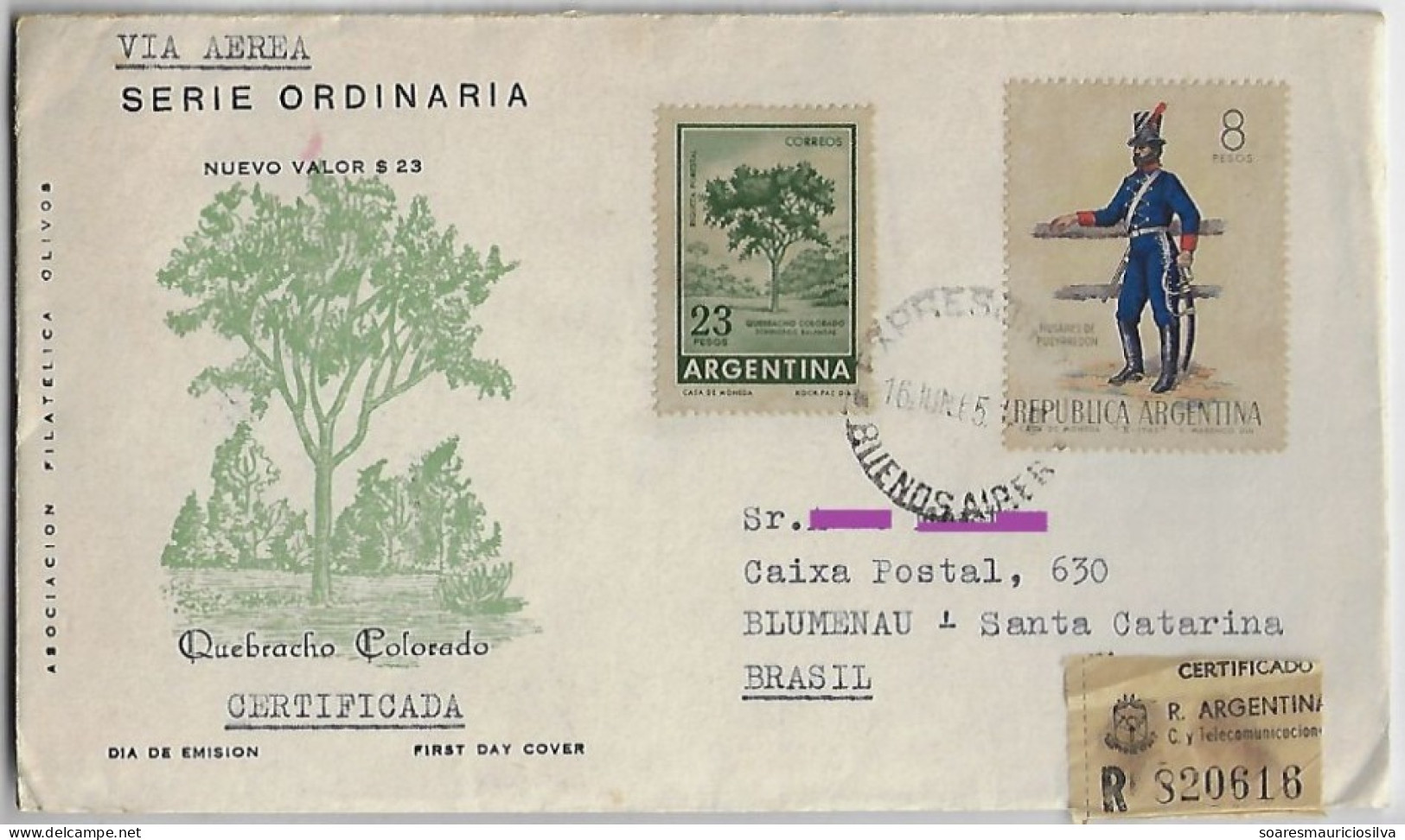 Argentina 1965 Registered Airmail Cover From Buenos Aires To Blumenau Brazil Stamp Uniform Tree - Storia Postale