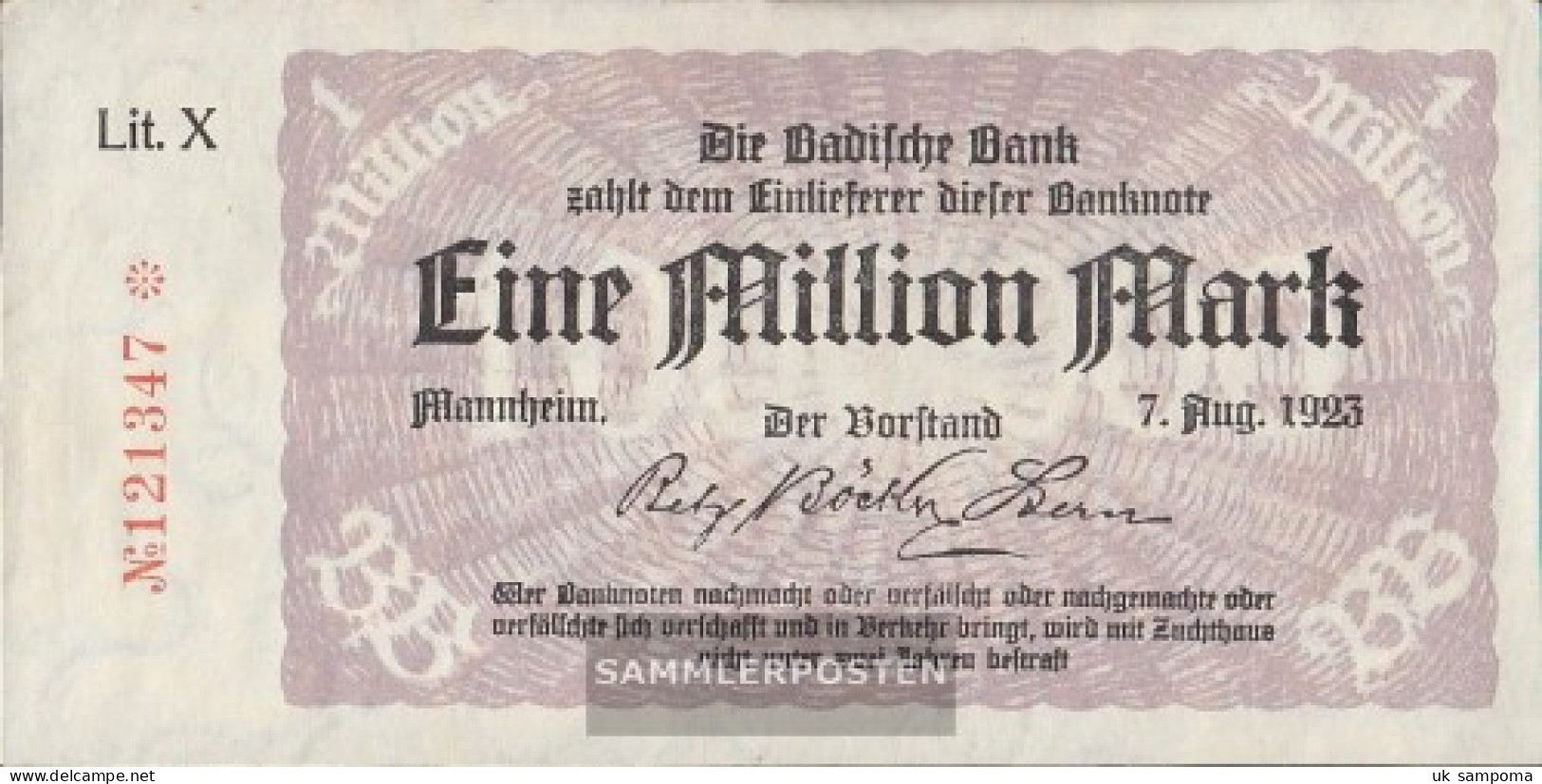 Baden Rosenbg: BAD11b Länderbanknote, KN 6-stellig Used (III) 1923 1 Million. Mark - 1 Mio. Mark