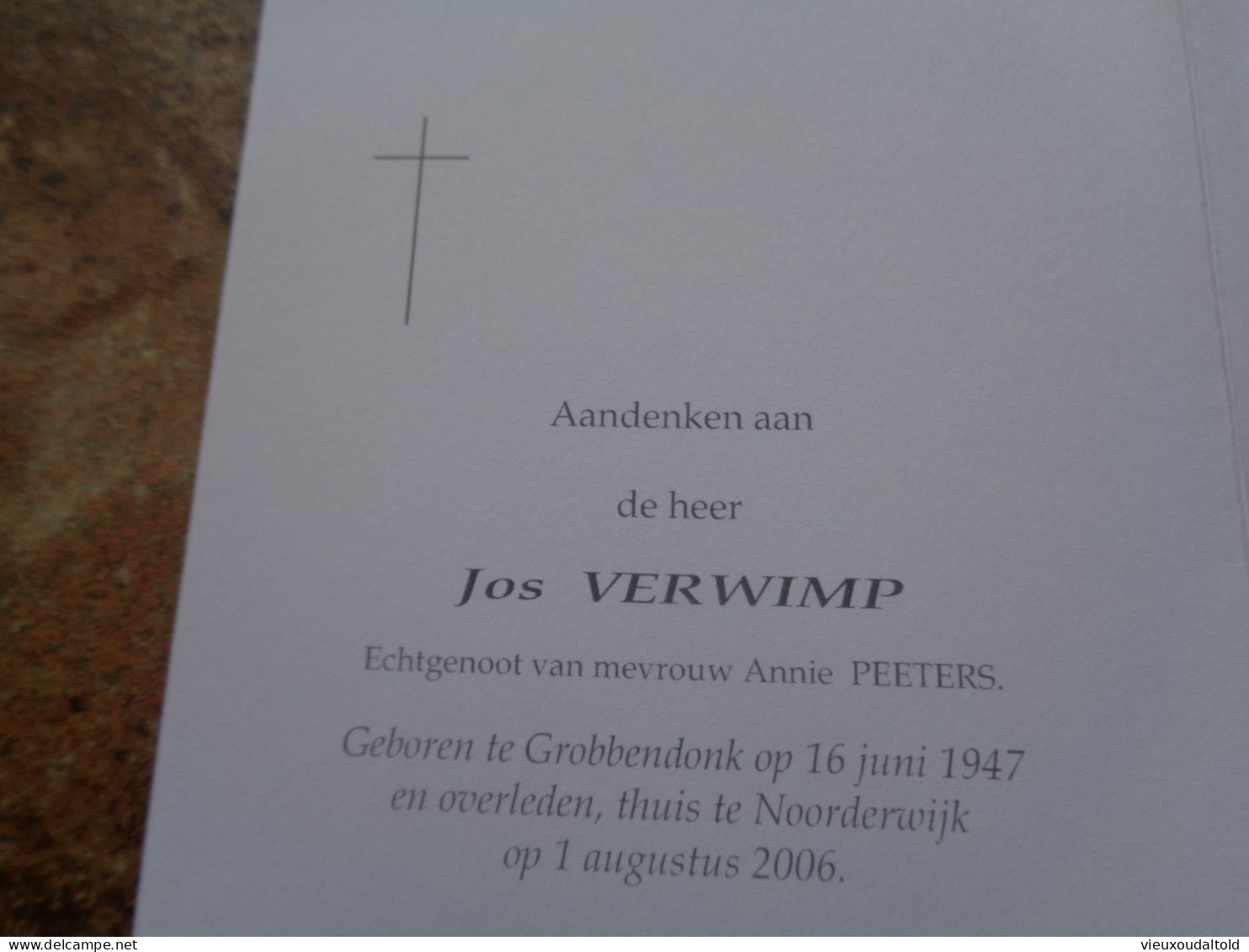 Doodsprentje/Bidprentje  Jos VERWIMP   Grobbendonk 1947-2006 Noorderwijk  (Echtg A. Peeters) - Religion & Esotérisme