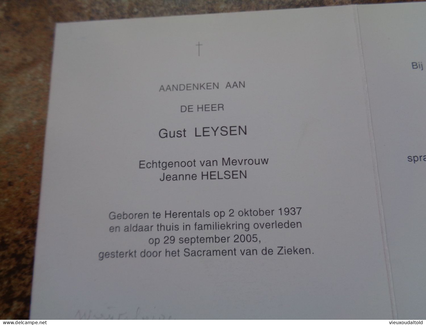 Doodsprentje/Bidprentje  Gust LEYSEN   Herentals 1937-2005  (Echtg Jeanne HELSEN) - Religion & Esotérisme