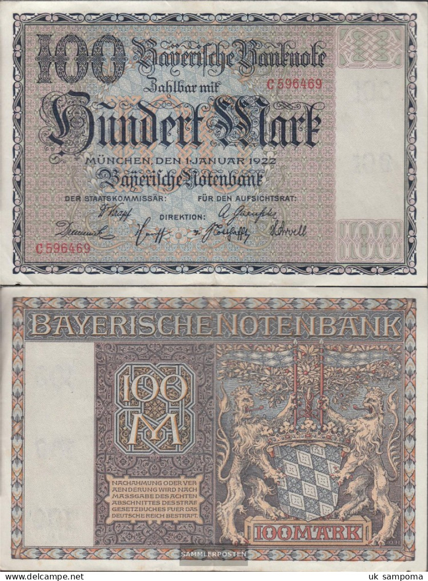 Bavaria Rosenbg: BAY4 Länderbanknote Bavaria Strong Used (IV) 1922 100 Mark - 100 Mark