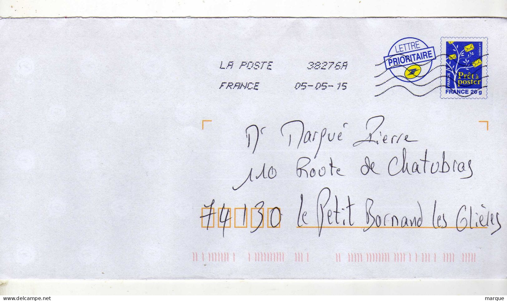 Enveloppe FRANCE Prêt à Poster Lettre Prioritaire 20g Oblitération LA POSTE 38276A 05/05/2015 - PAP: Aufdrucke/Blaues Logo