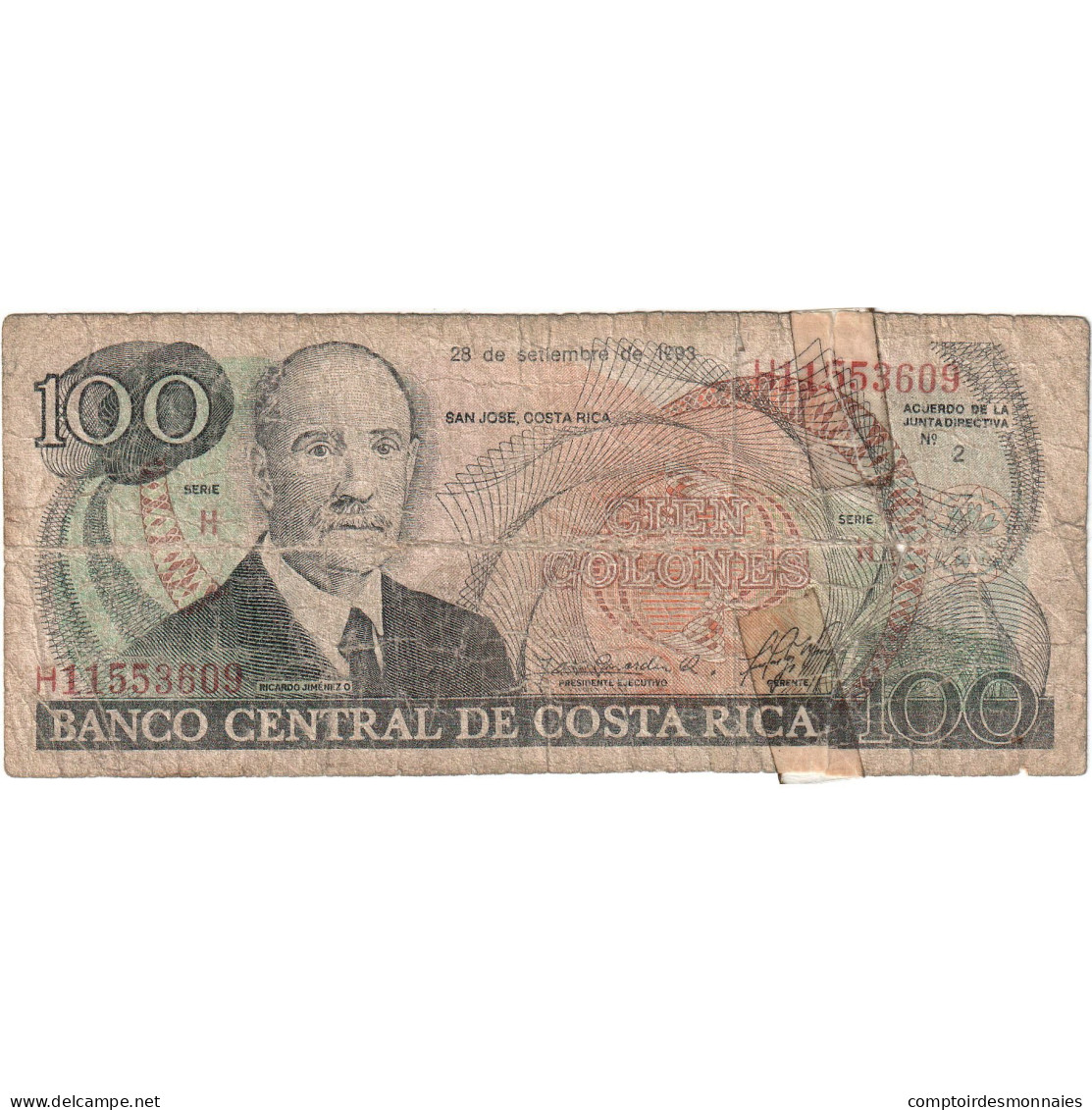 Billet, Costa Rica, 100 Colones, 1993, 1993-09-28, KM:261a, B - Costa Rica