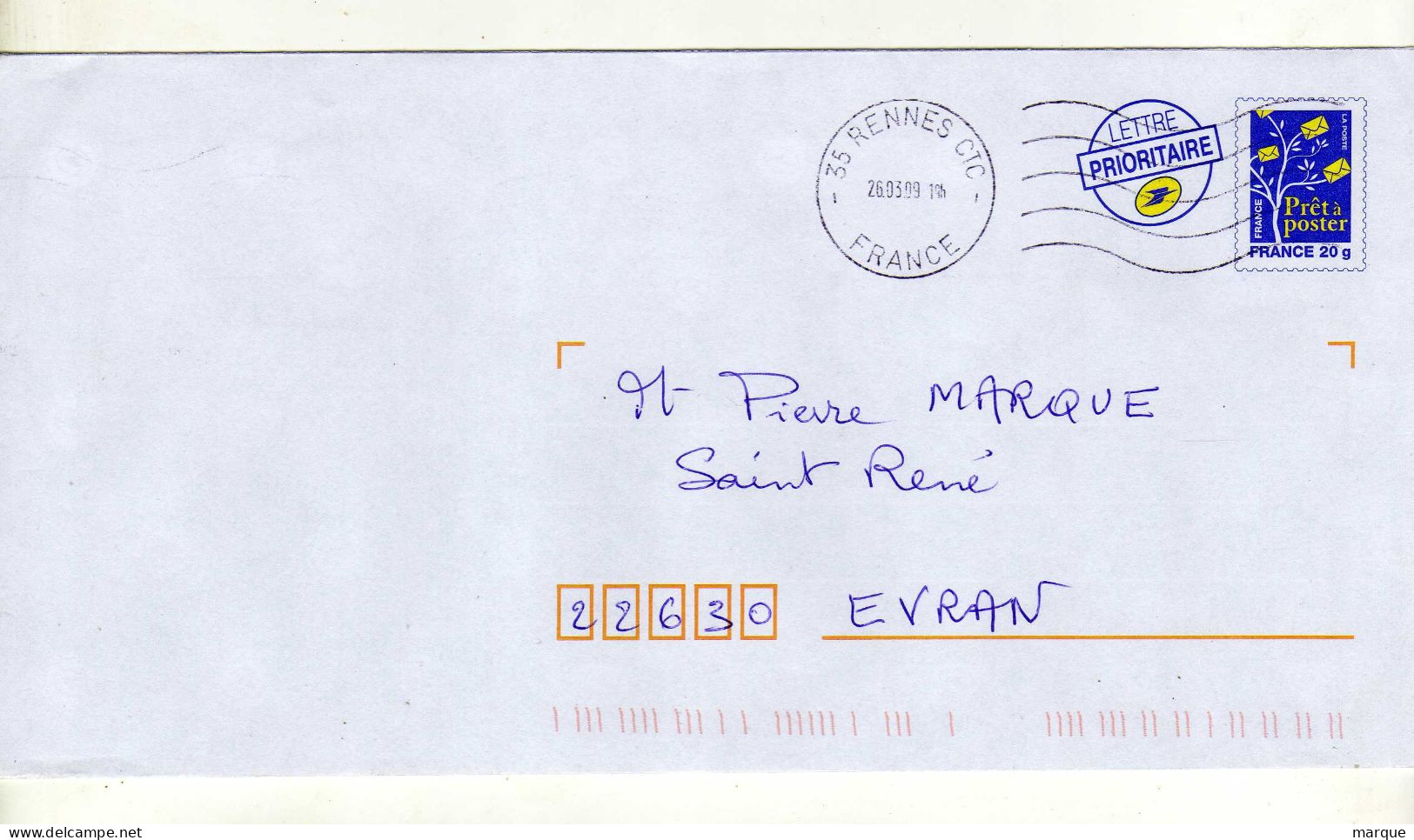 Enveloppe FRANCE Prêt à Poster Lettre Prioritaire 20g Oblitération 35 RENNES CTC 26/03/2009 - Prêts-à-poster:Overprinting/Blue Logo