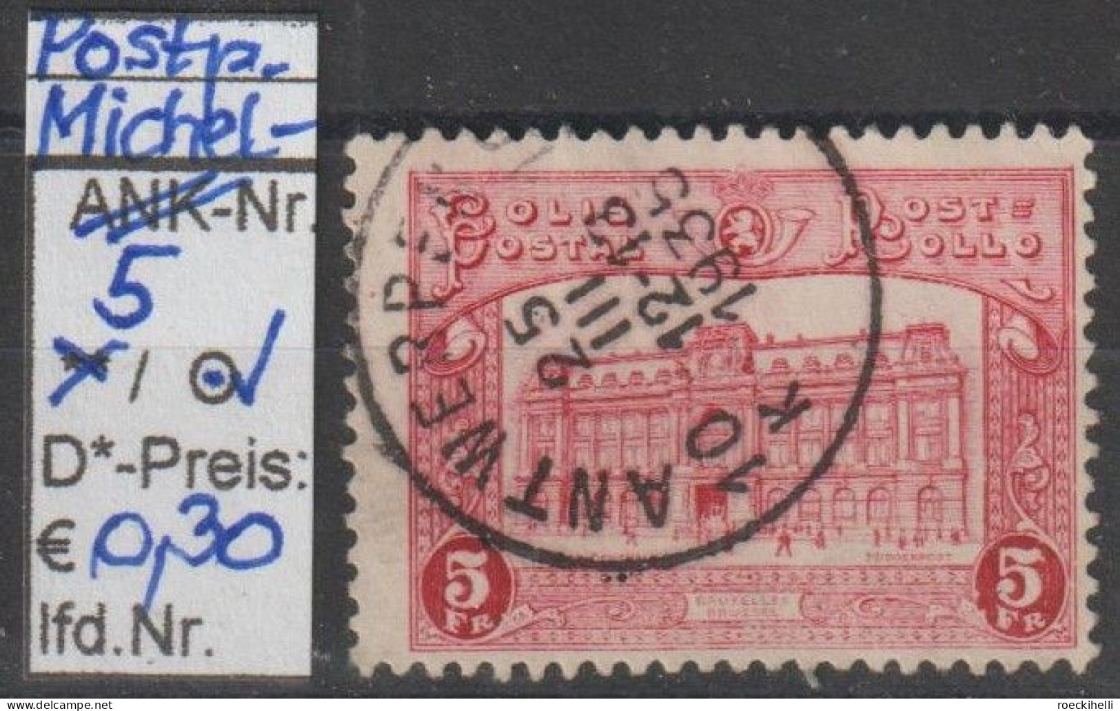 1929 - BELGIEN - Post-PM (COLIS) "Hauptpostamt Brüssel" 5 Fr Karmin  - O Gestempelt - S.Scan (Post-PM 5o Be) - Gepäck [BA]