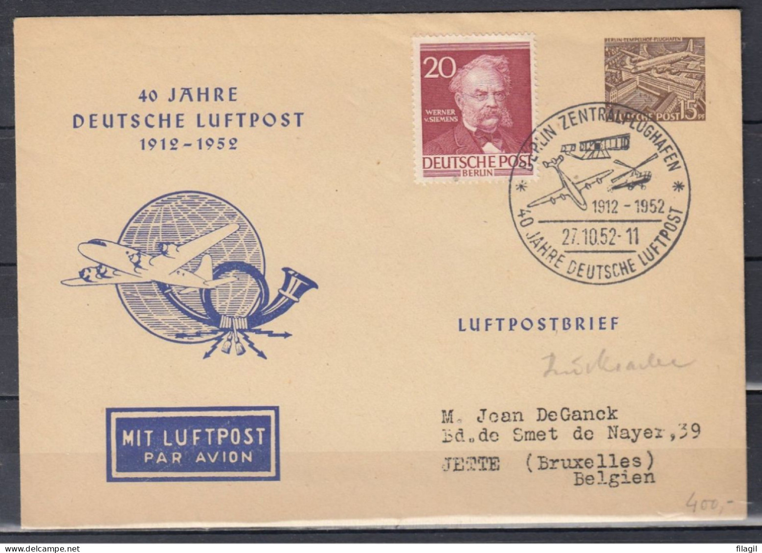 Kaart Van 40 Jahre Deutsche Luftpost Van Berlin Zentralflughafen Naar Jette (Bruxelles) - Cartes Postales Privées - Oblitérées