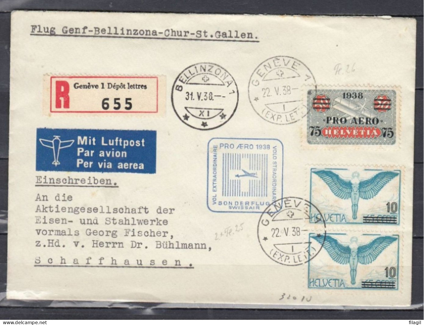 Aangetekende Luchtpostbrief Van Geneve Via Bellinzona Naar Schaffhausen Pro Aero (1216) - Used Stamps