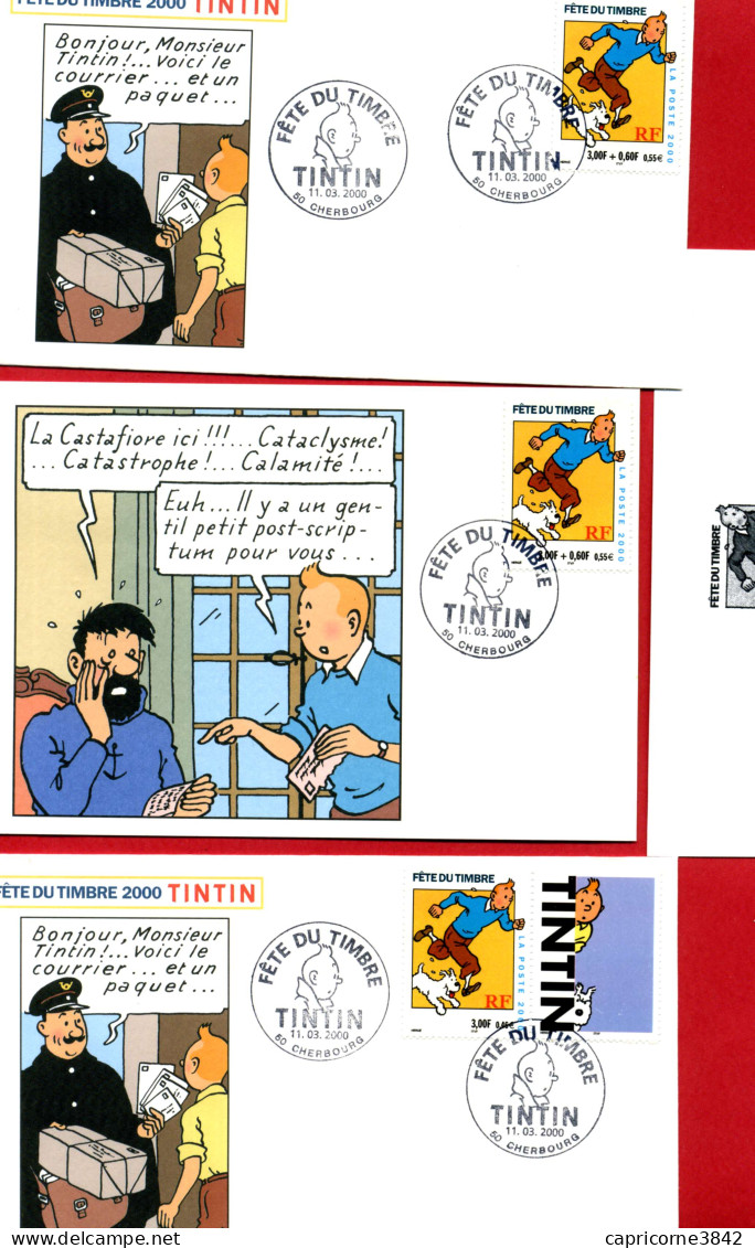 2000 - TINTIN - Fête Du Timbre Cherbourg - 2 Enveloppes + 1 Carte + épreuve De L'imprimerie Des Timbres-poste - 2000-2009