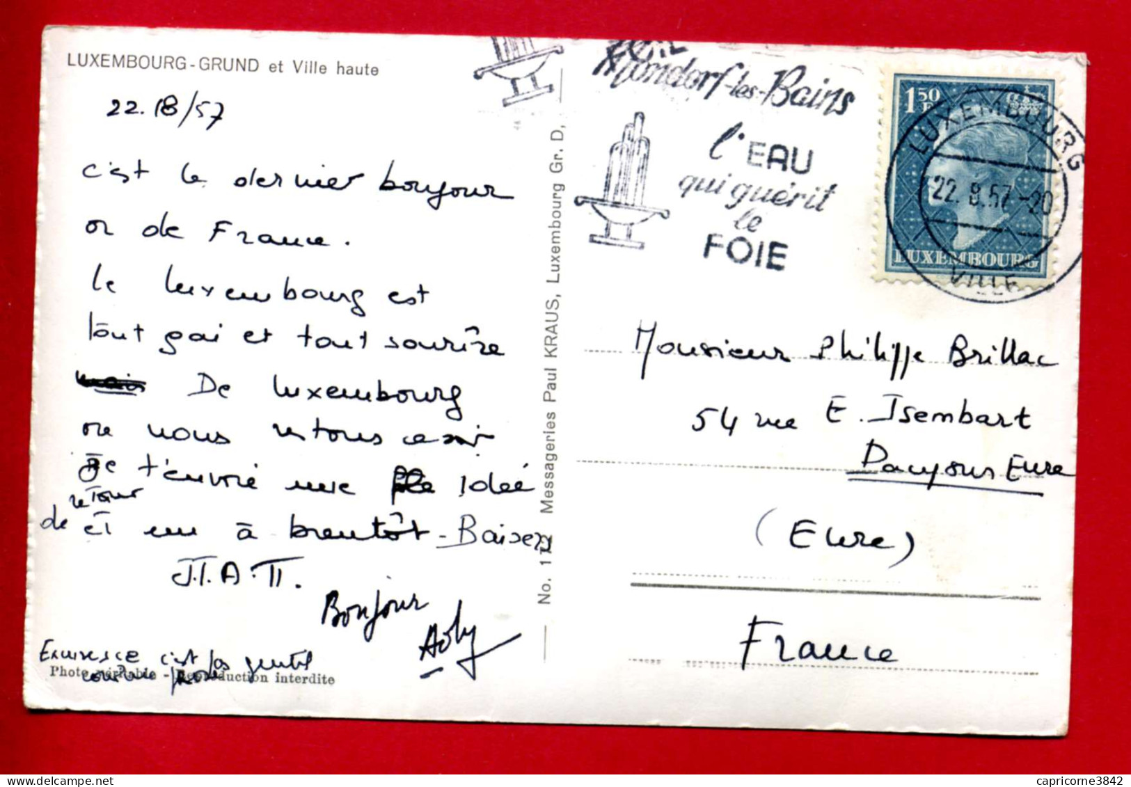 1957 - Luxembourg - Oblitération "MONDORF LES BAINS - L'EAU QUI GUERIT LE FOIE" - Tp N° 419 - Maschinenstempel (EMA)