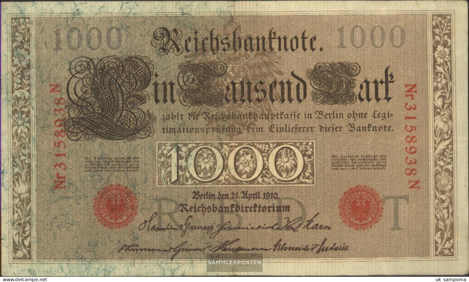 German Empire Rosenbg: 45b, Red Seal 7stellige Kontrollnummer, 1917-11/1918 Used (III) 1910 1.000 Mark - 1000 Mark