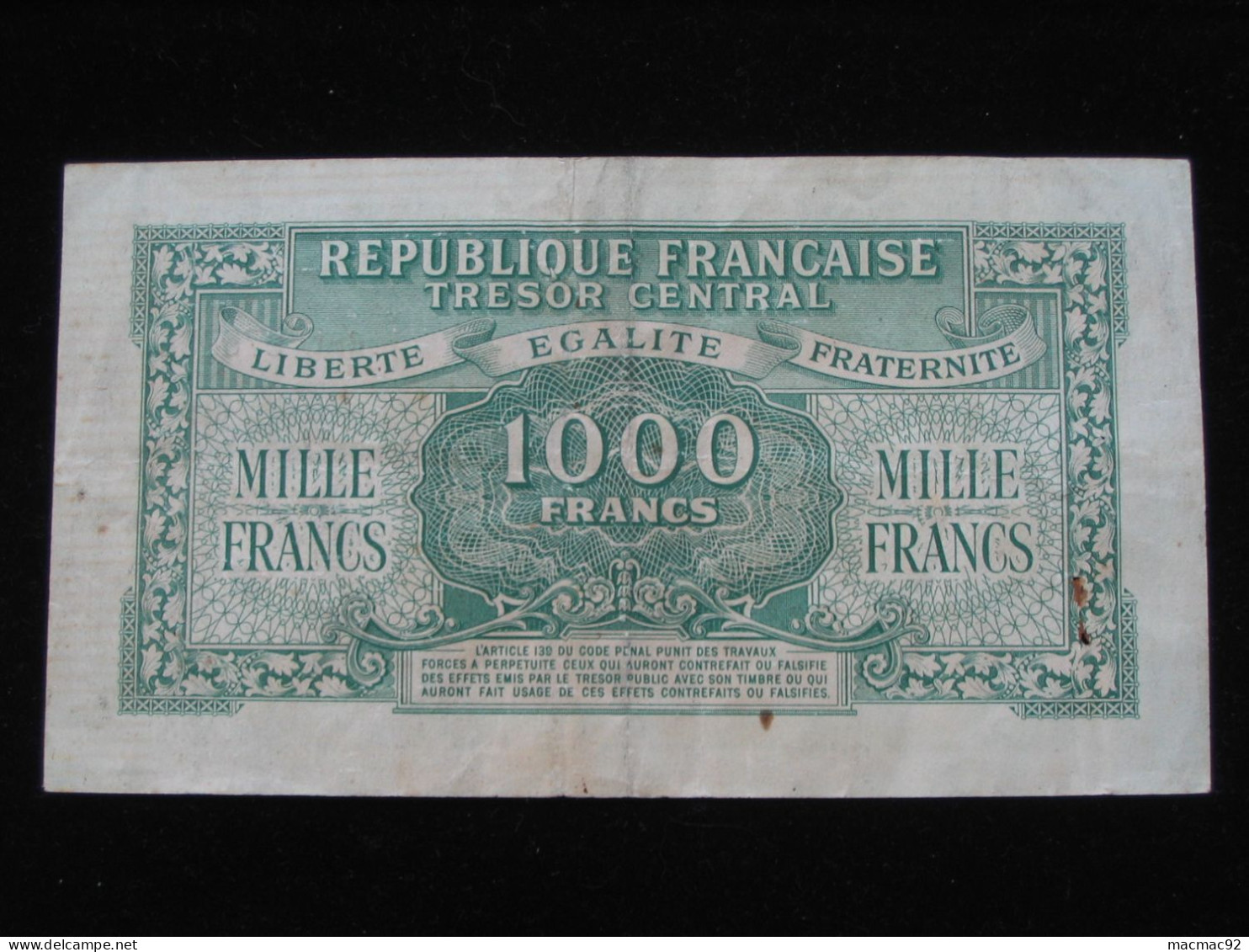 Trésor Central 1000 Francs  Marianne 1945 Chiffres Gras   **** EN ACHAT IMMEDIAT **** - 1955-1963 Staatskas