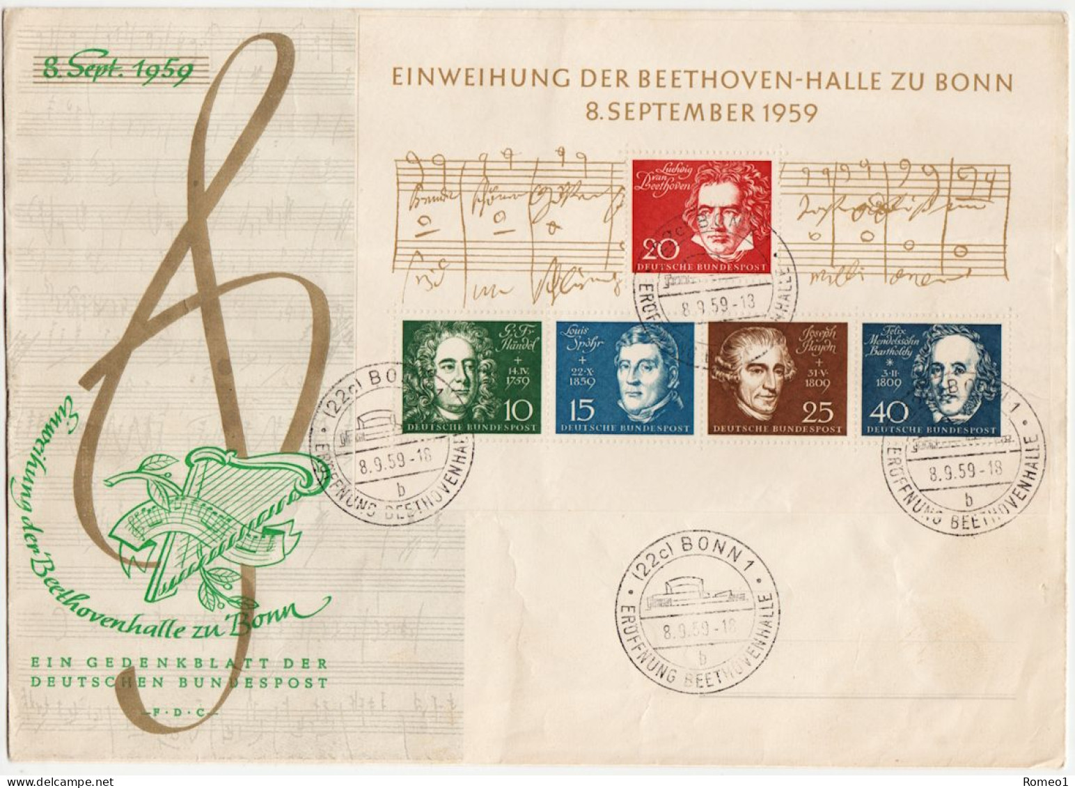 1959: Bund Ersttagsbrief Beethoven Block Mi.Nr. 2 / Allemagne Lettre Premier Jour Bloc Y&T BF1 (d837) - 1948-1960