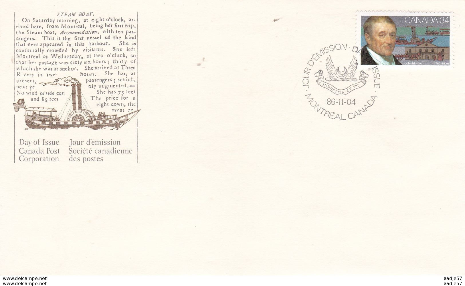 Canada Sc# 1117 FDC Inscription Block 1986 11.04 John Molson - Storia Postale