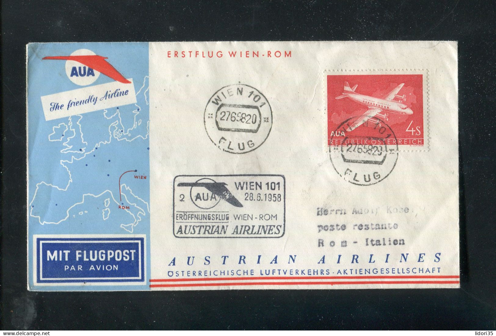 "OESTERREICH" 1958, AUA-Erstflugbrief "Wien-Rom" (5796) - Erst- U. Sonderflugbriefe