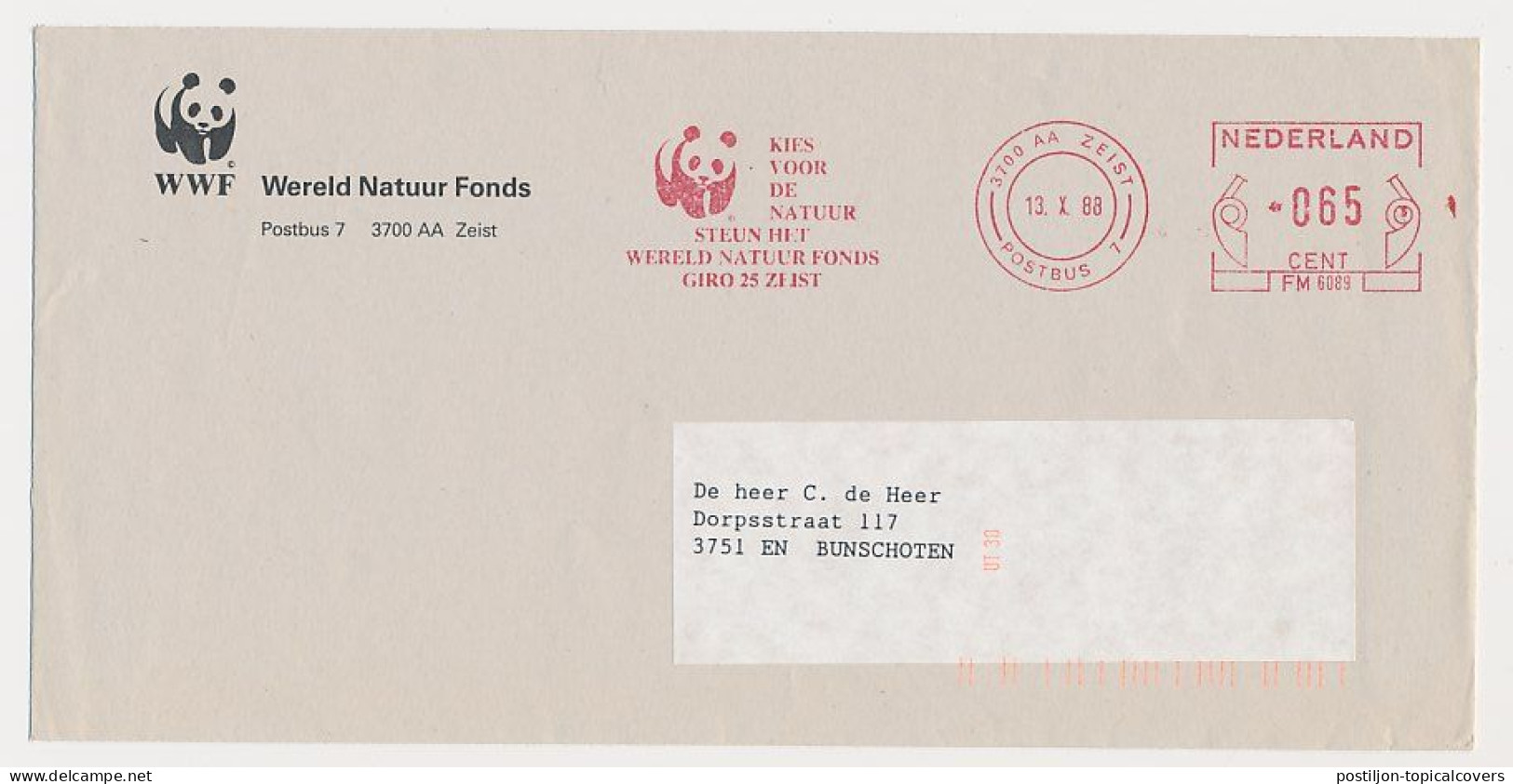 Meter Cover Netherlands 1988 - WWF - Panda Bear - Choose Nature - Lettres & Documents