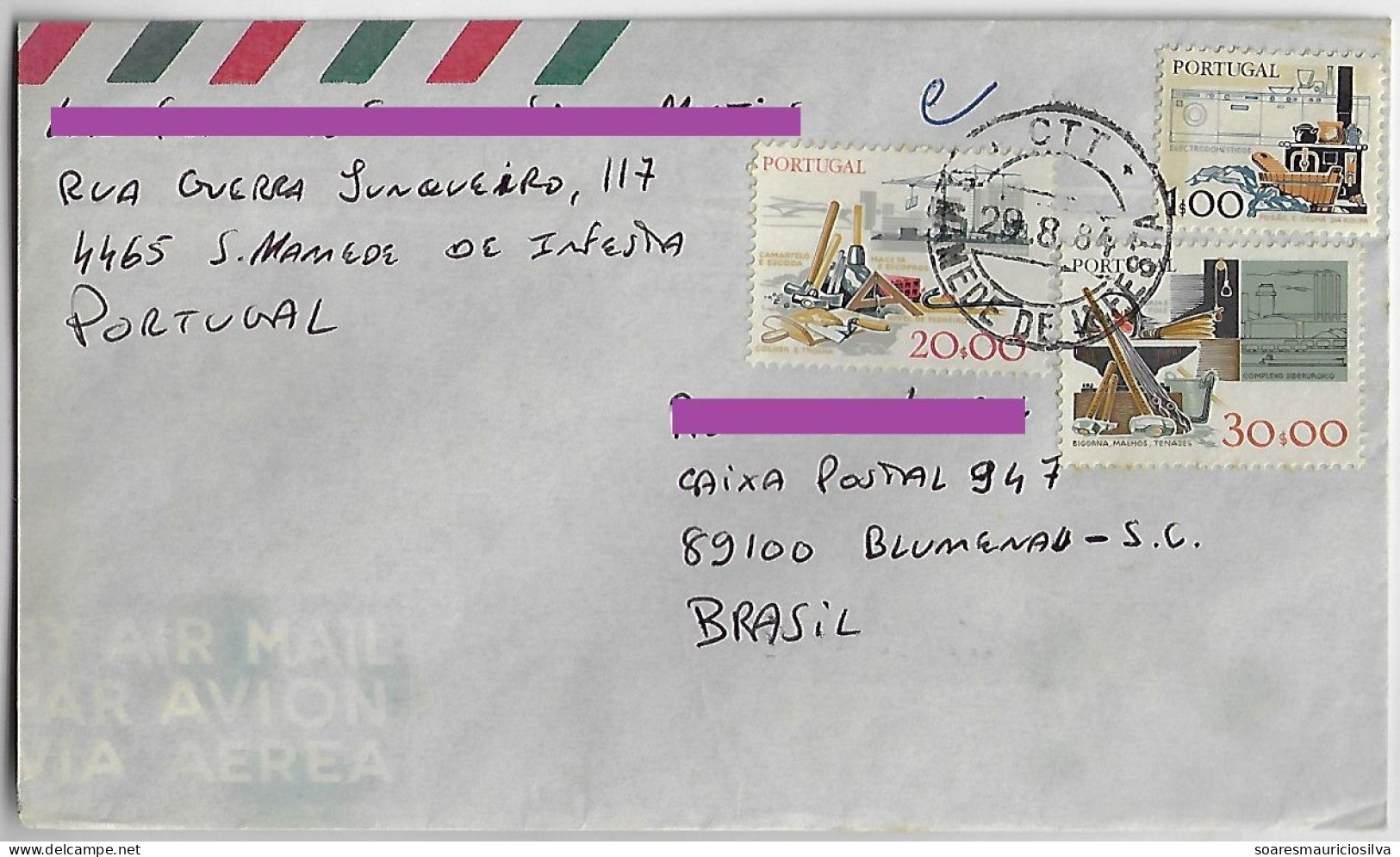 Portugal 1984 Airmail Cover Sent From São Mamede De Infesta To Blumenau Brazil 3 Stamp Series Working Tools - Lettres & Documents