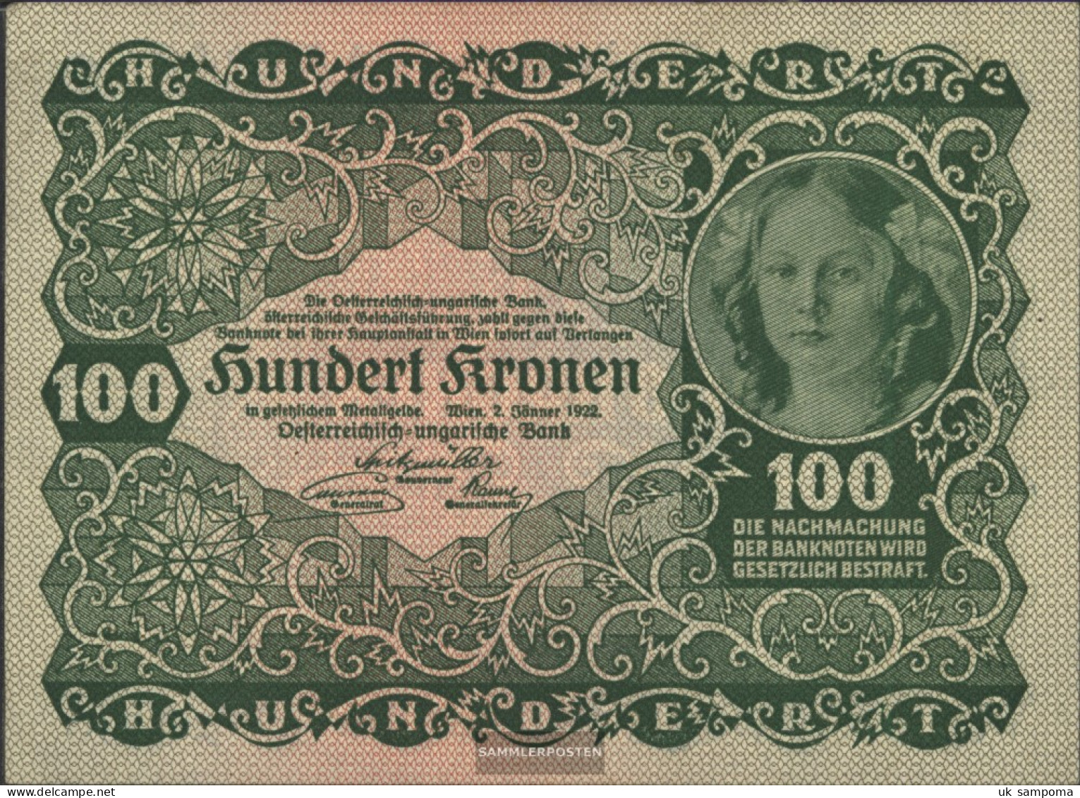 Austria Catalog-number.: 203 (77) Uncirculated 1922 100 Crown - Oesterreich
