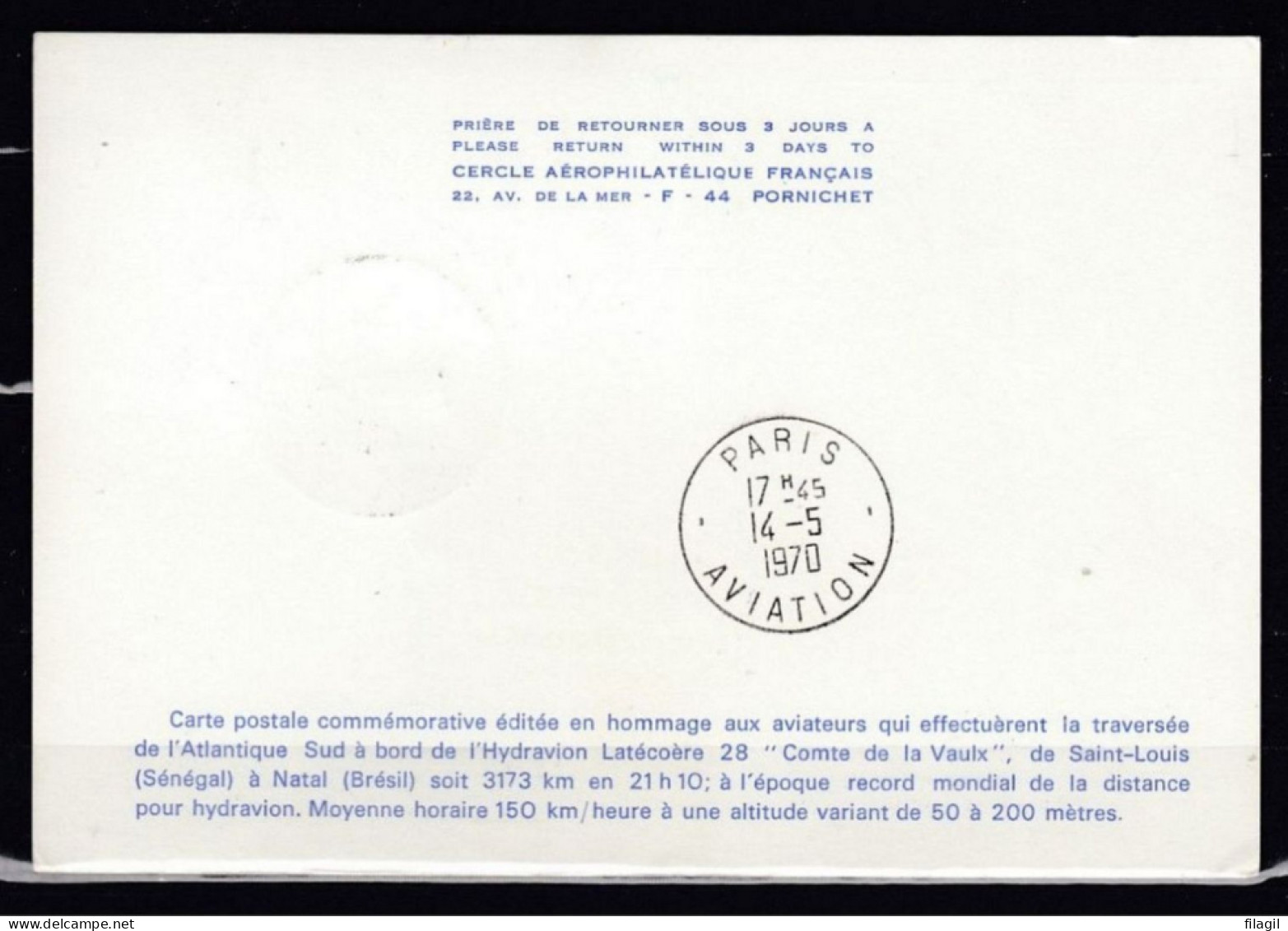 Kaart Van Servicio Aeropostal Naar Orly Aerogare 40° Aniversario Cruce Atlantico Sur Por Jean Mermoz - Storia Postale