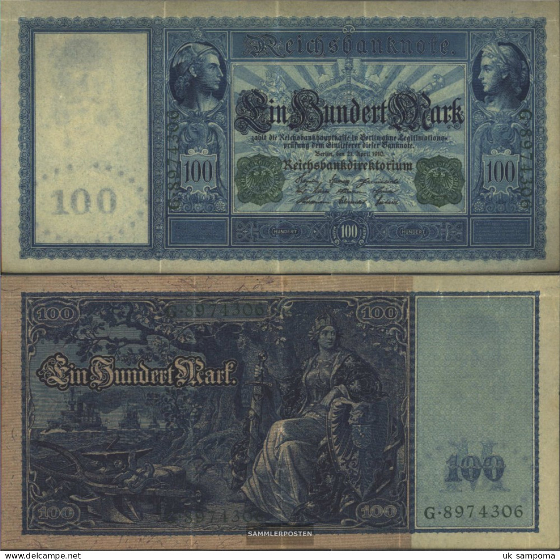 German Empire Rosenbg: 44, Green Seal Used (III) 1910 100 Mark Flottenhunderter - 100 Mark
