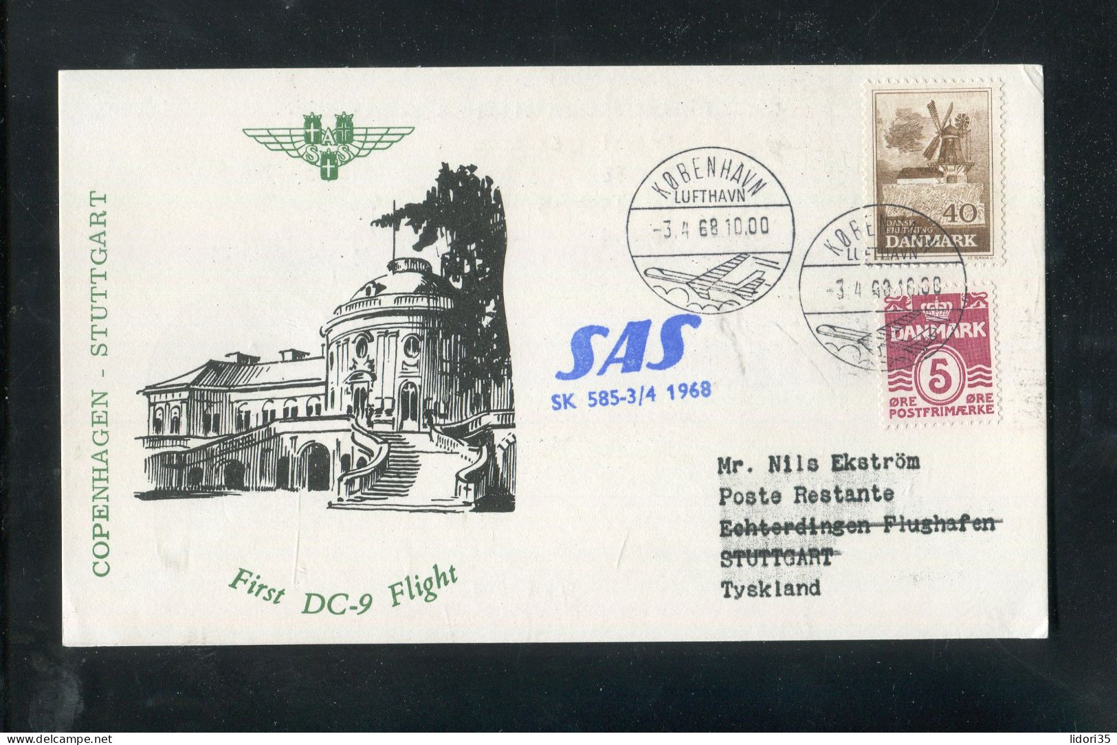 "DAENEMARK" 1968, SAS-Erstflugkarte "Copenhagen-Stuttgart" (5827) - Airmail