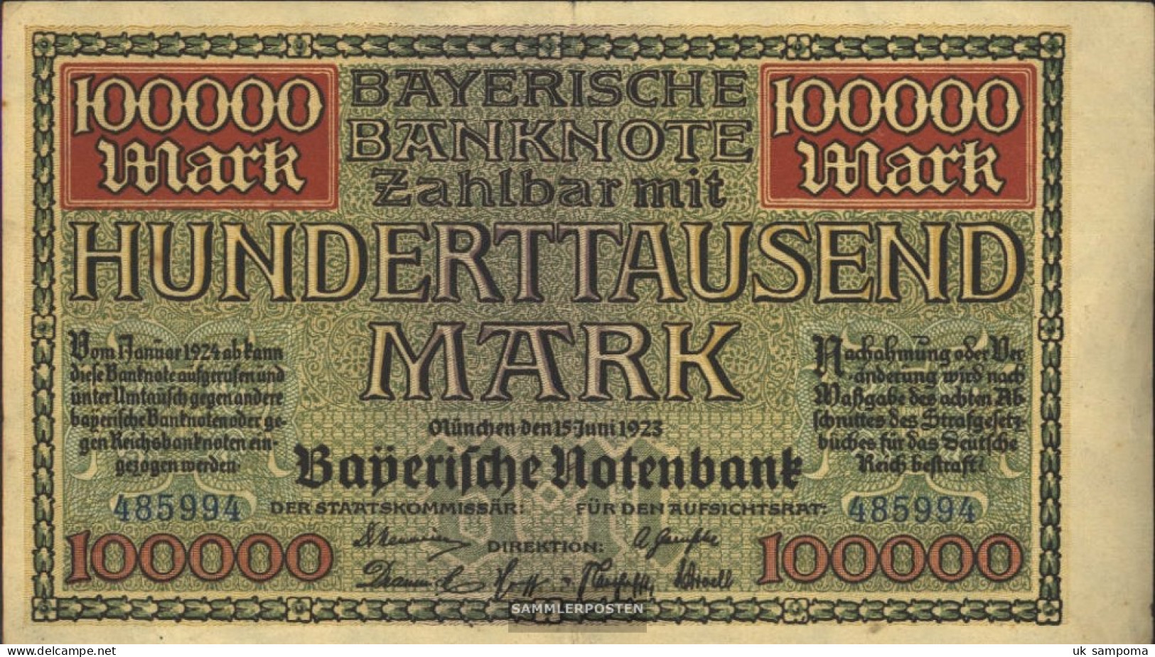 Bavaria Rosenbg: BAY9, Länderbanknote Bavaria Used (III) 1923 100.000 Mark - Andere & Zonder Classificatie