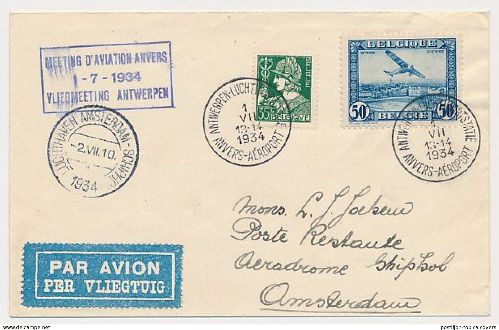 Airmail Cover / Postmark  Luchtvaartstatie Antwerpen Belgium - Amsterdam The Netherlands 1934 - Covers & Documents