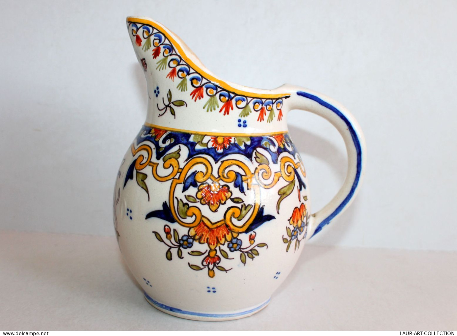 JOLI ANCIEN BROC, CARAFE CRUCHE VERSEUSE PICHET En FAIENCE EMAILLÉE, STYLE ROUEN / ART DECORATIF FRANCAIS (0901.3) - Other & Unclassified