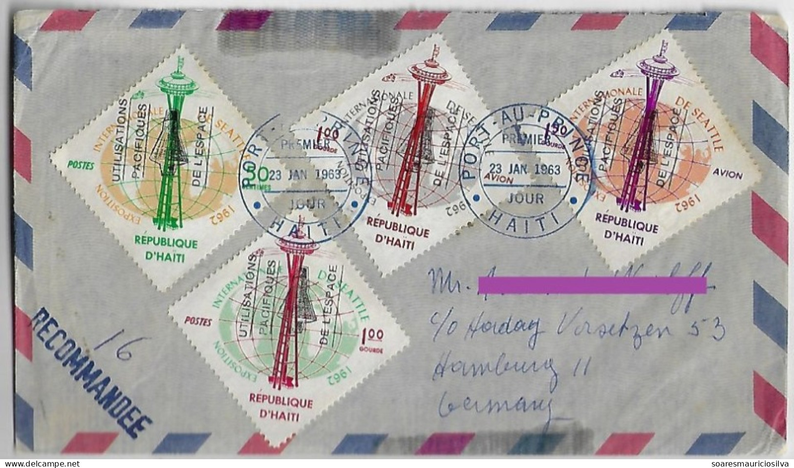 Haiti 1963 Registerd Cover From Port-au-Prince To Hamburg Germany 5 Stamp Peaceful Use Of Space And Literacy (backside) - Haïti