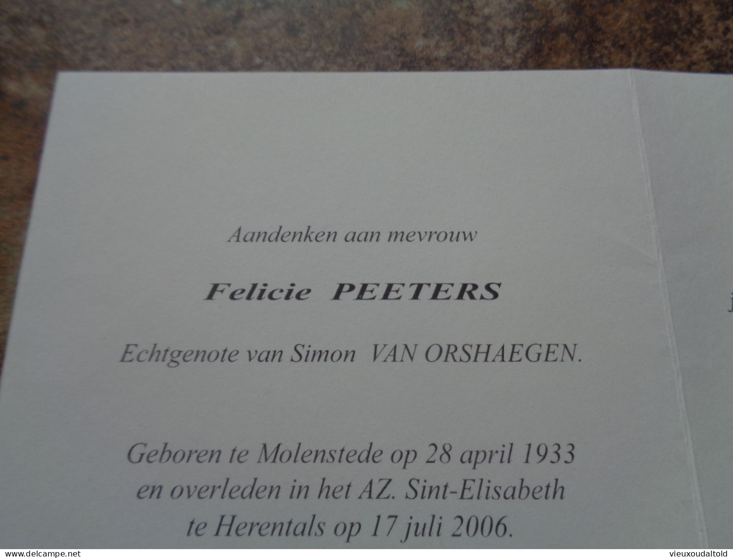 Doodsprentje/Bidprentje   Felicie PEETERS   Molenstede 1933-2006 Herentals  (Echtg Simon VAN ORSHAEGEN) - Religion & Esotérisme