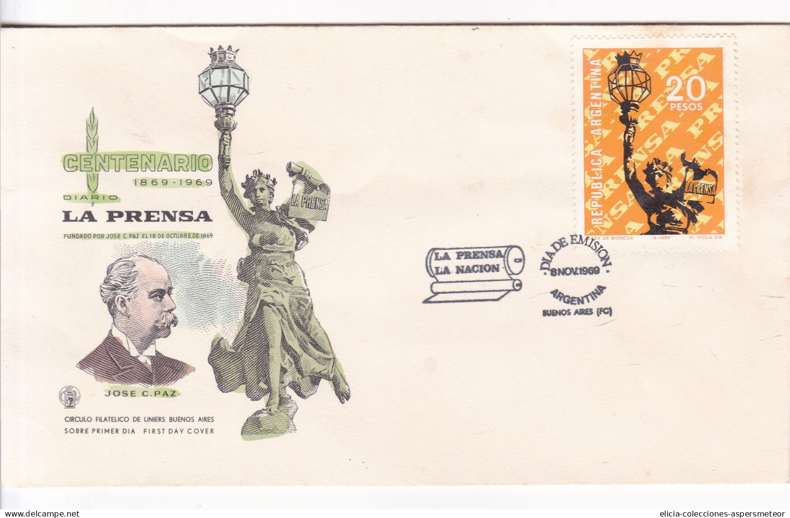 Argentina - 1969 - FDC - Centenary Of La Prensa - Jose C. Paz - Liniers Philatelic Circle - Caja 30 - FDC