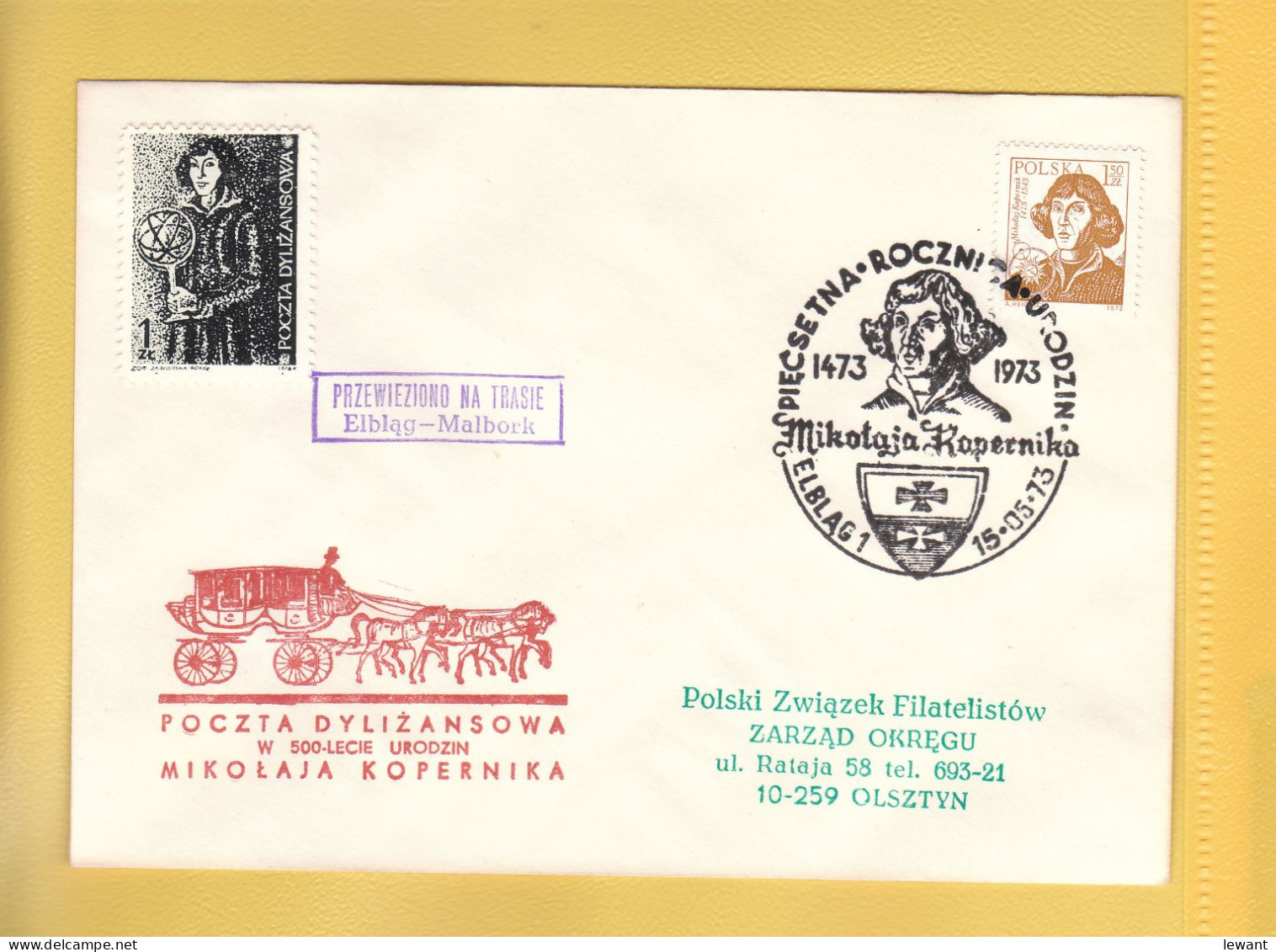 1973 Nicolaus Copernicus - Stagecoach Mail_ZOL_03_ELBLAG - Brieven En Documenten