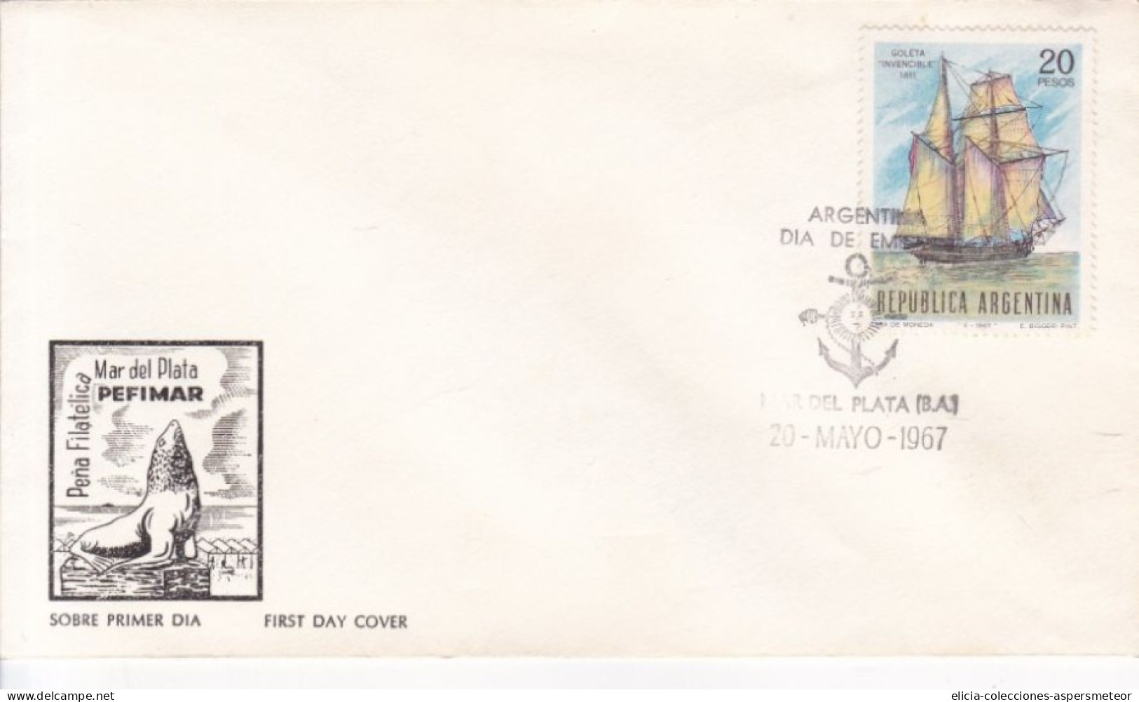 Argentina - 1967 - FDC - PEFIMAR Mar Del Plata - Schooner "Invencible" Stamp - Caja 30 - FDC