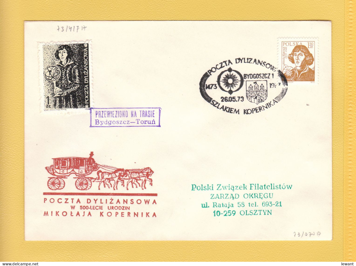 1973 Nicolaus Copernicus - Stagecoach Mail_ZOL_13_BYDGOSZCZ - Lettres & Documents